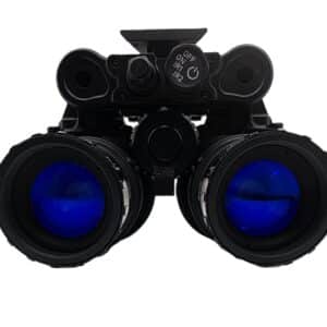 LLI MH-1 night vision goggle in black, front view showing the dual objective lenses with blue anti-reflective coating and the OFF/ON/IR1/IR2 rotary power switch