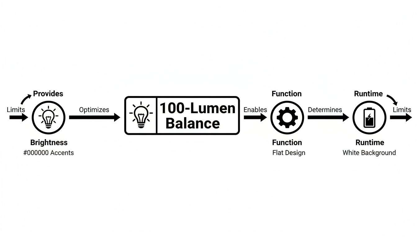 Flowchart illustrating the relationship between brightness, 100-lumen balance, function, and runtime.