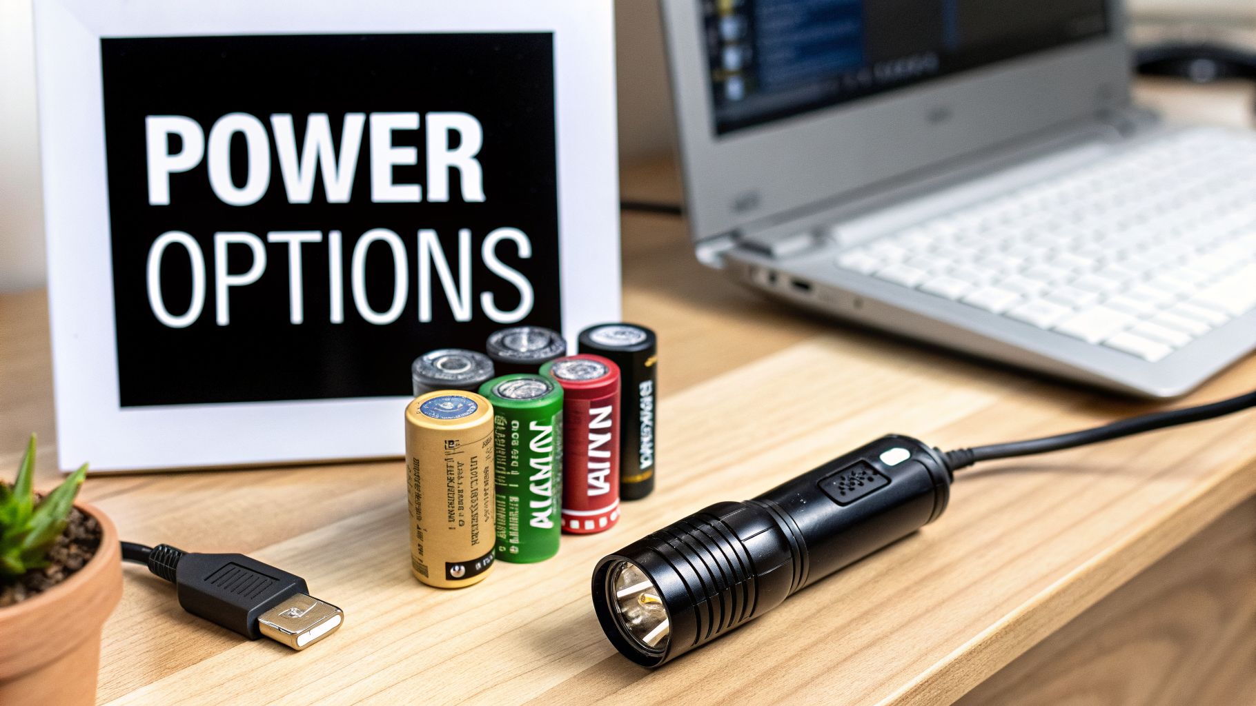 A 'POWER OPTIONS' sign, batteries, a flashlight with a USB cable, and a laptop on a desk.