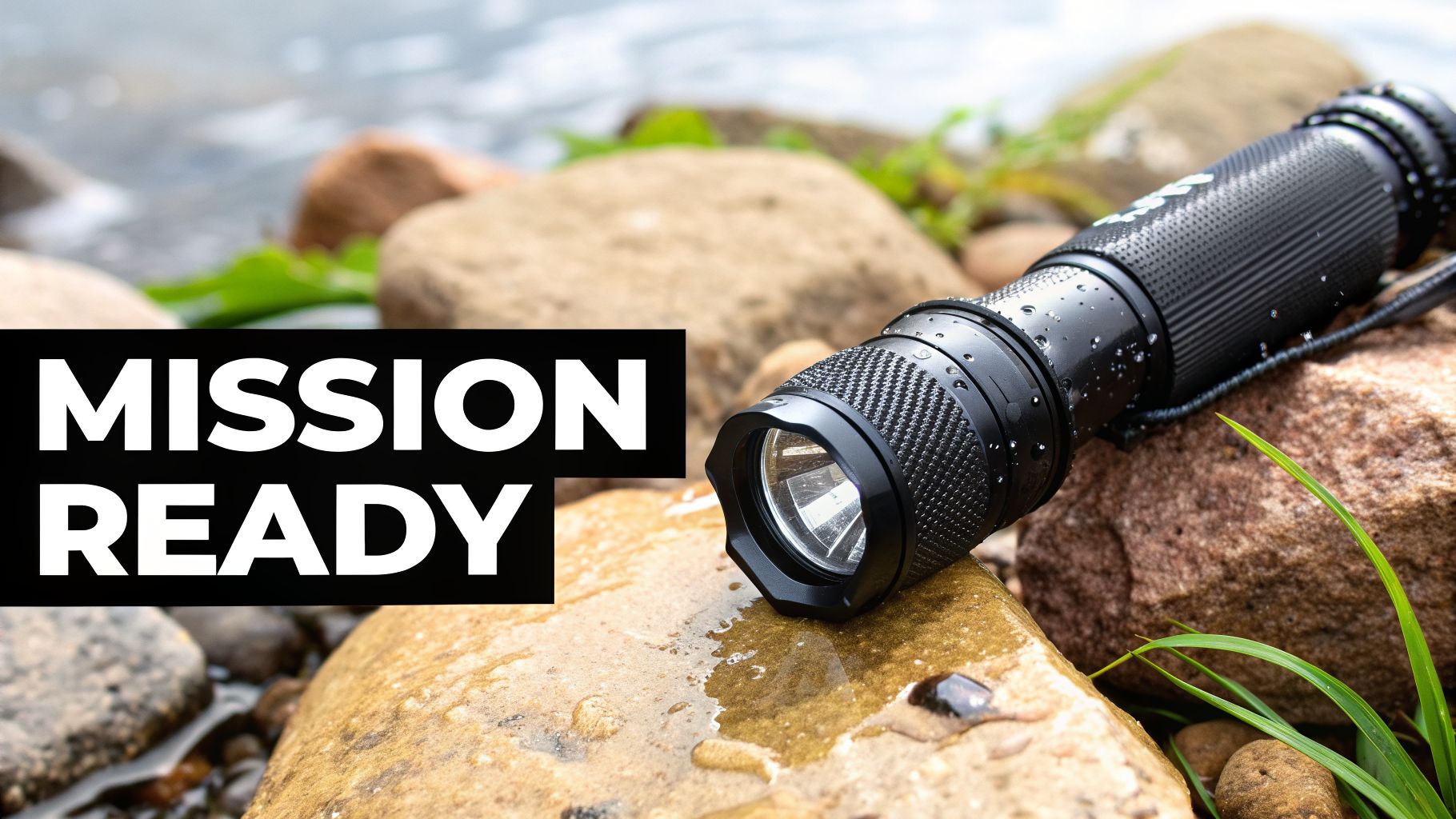 Close-up of a waterproof black flashlight with water droplets on wet rocks, labeled "MISSION READY".