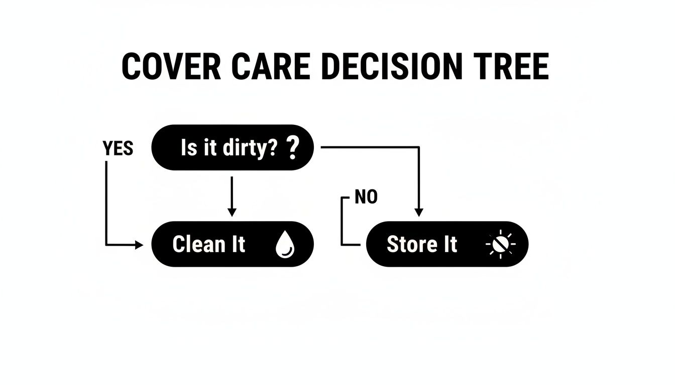 A cover care decision tree flowchart asking 'Is it dirty?', leading to 'Clean It' or 'Store It'.