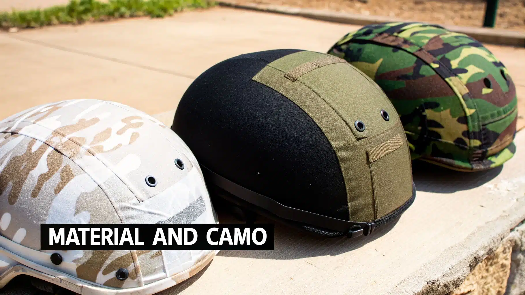 Three advanced combat helmets (ACH) showcased with different material and camouflage covers.