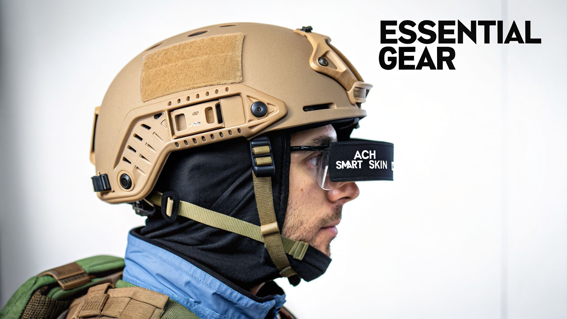 Side profile of a person in a tan tactical helmet with 'ACH Smart Skin' headwear and 'Essential Gear' text.