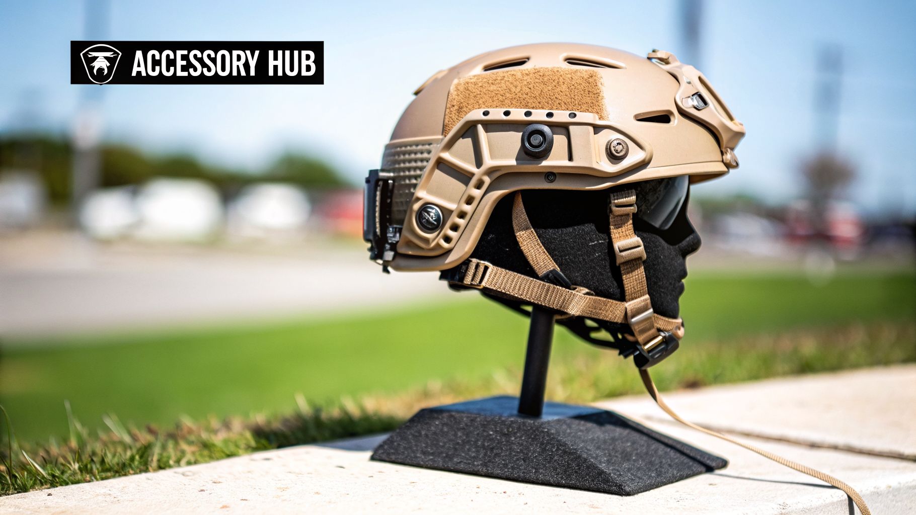 A desert tan tactical helmet with side rails and chin strap on a mannequin head, outdoors.