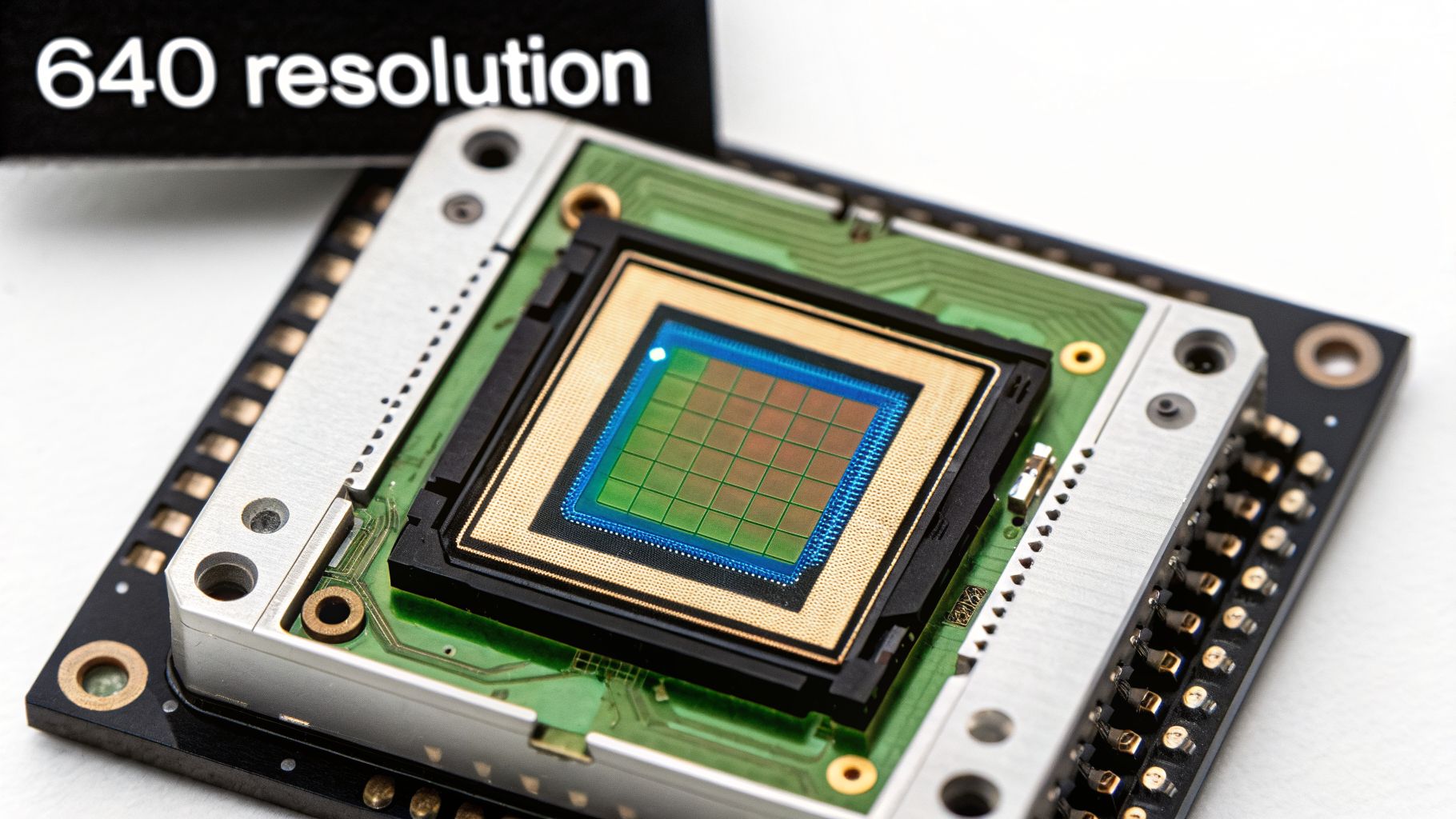 Close-up of a 640 resolution digital camera sensor module mounted on a green circuit board.