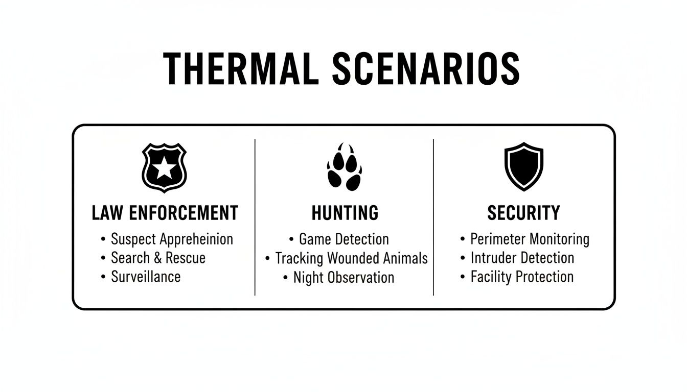 Infographic showing thermal imaging scenarios for law enforcement, hunting, and security applications.