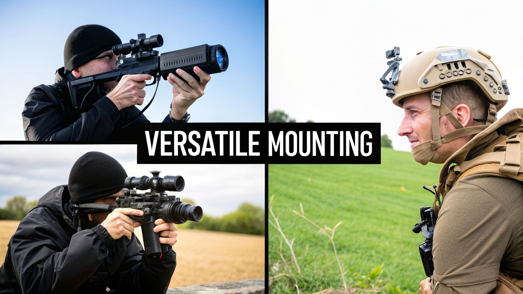 Multiple shots of a man using a tactical device, weapon-mounted and helmet-mounted, demonstrating versatile use.