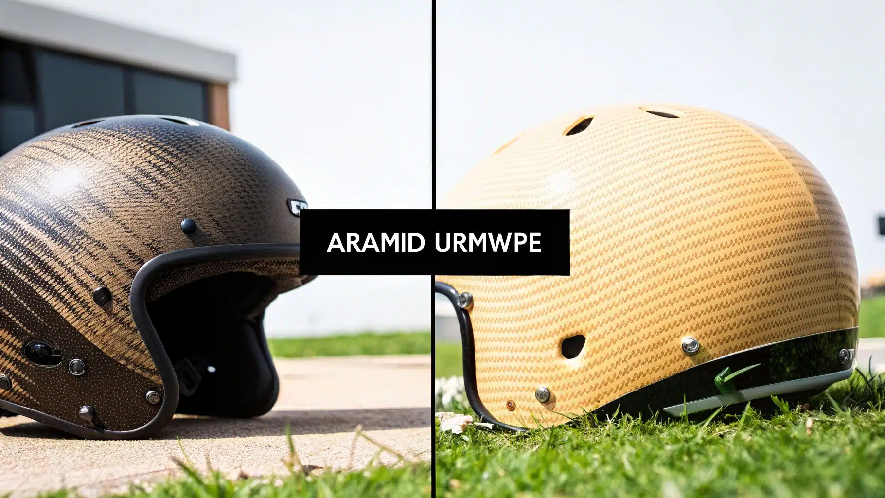 Two ballistic helmets, one dark Aramid and one golden URMWPE, displayed outdoors.