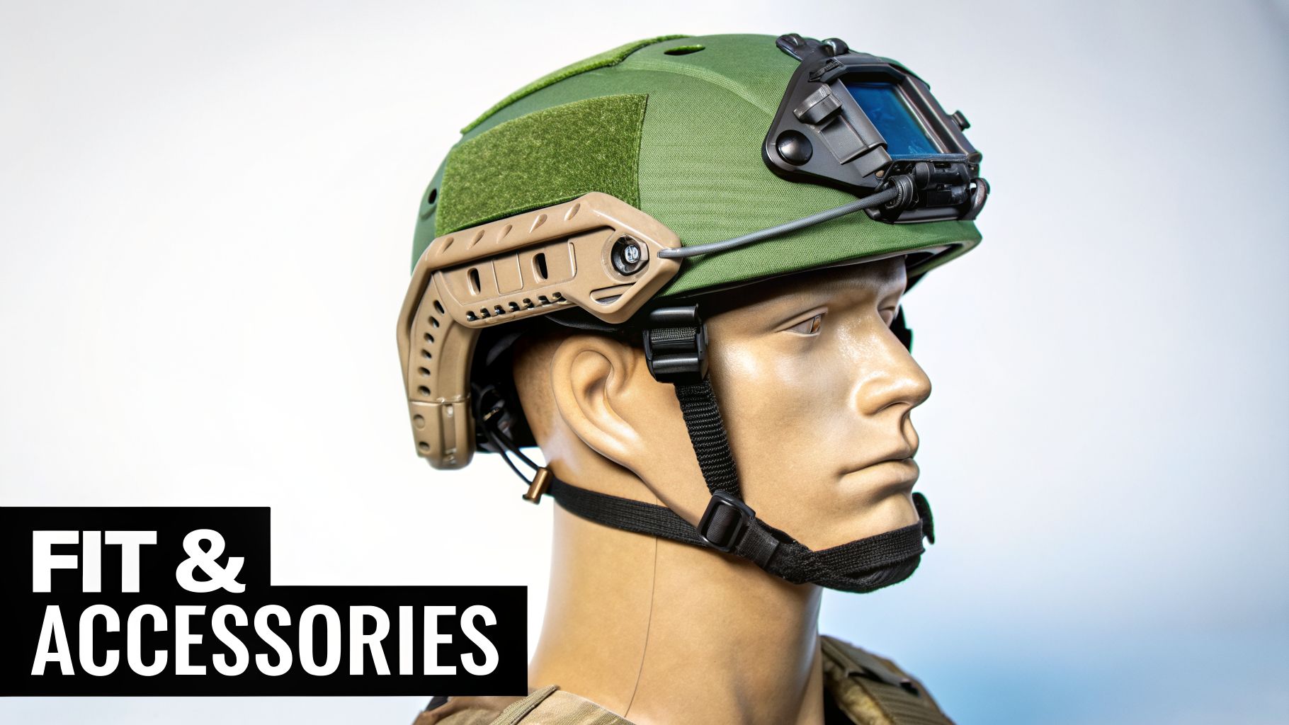 Close-up of a green ballistic helmet with tan accessories on a mannequin's head, showing its fit.