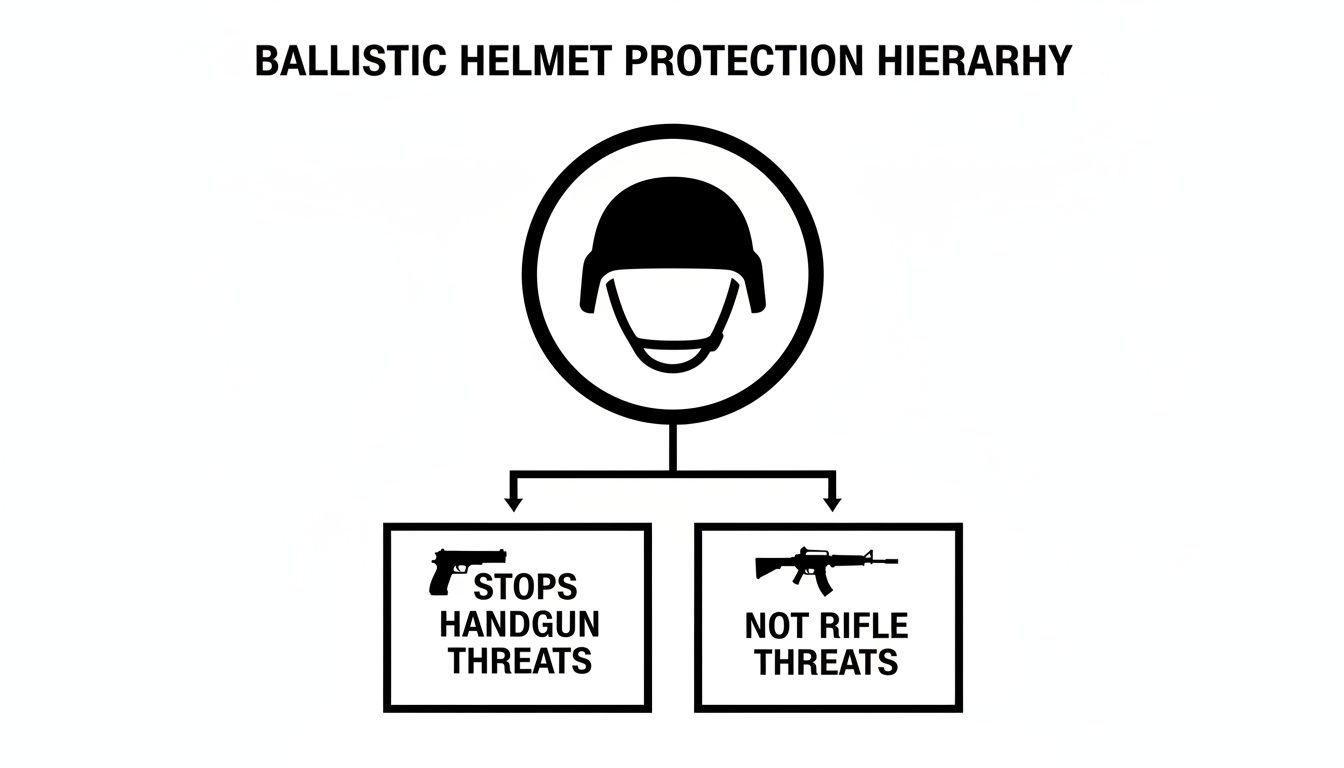 A diagram illustrates ballistic helmet protection hierarchy: stops handgun threats but not rifle threats.