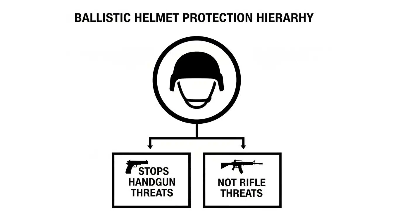 A diagram illustrates ballistic helmet protection hierarchy: stops handgun threats but not rifle threats.