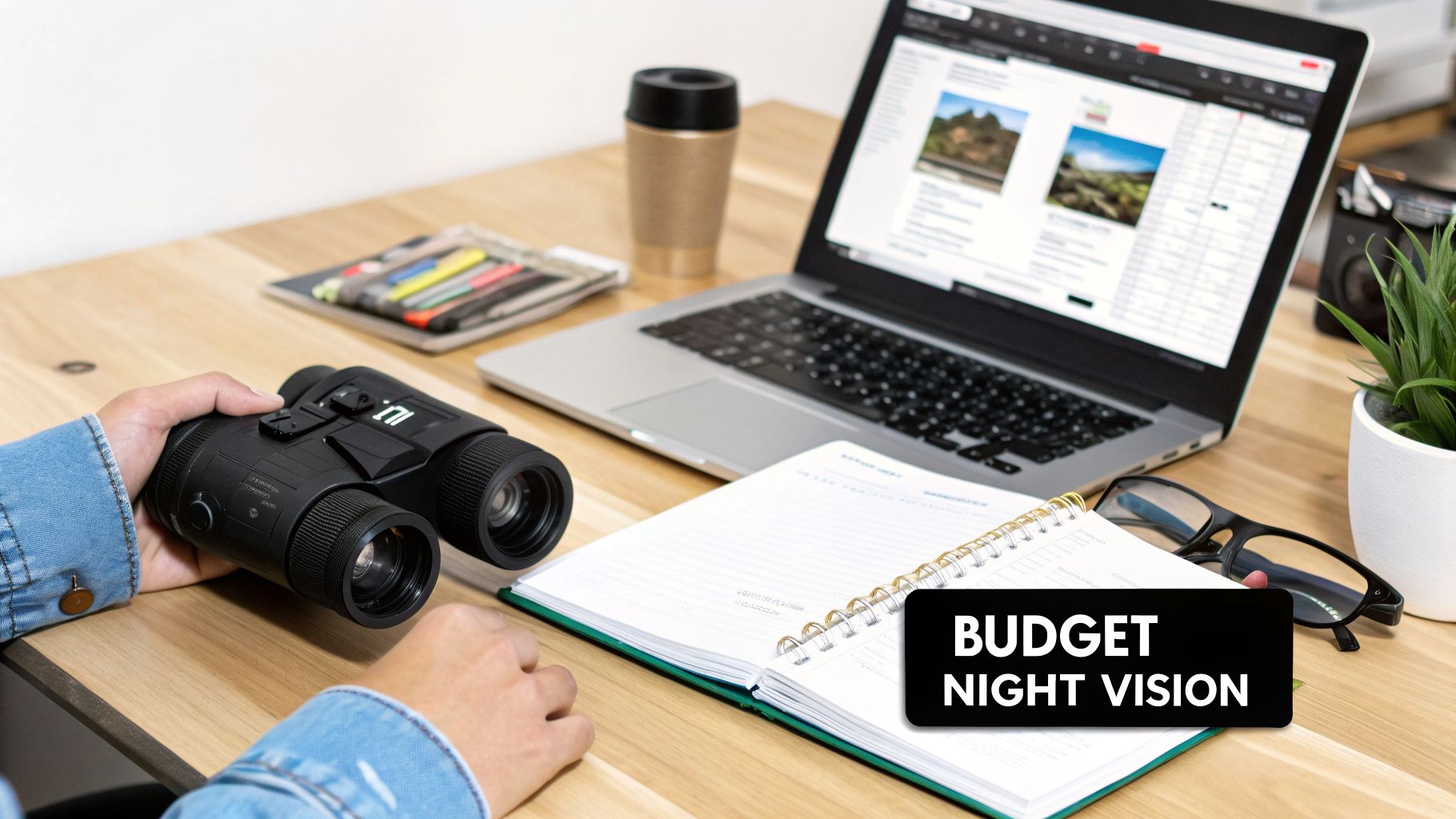 Person holding night vision binoculars at a desk with a laptop and open notebook, researching.