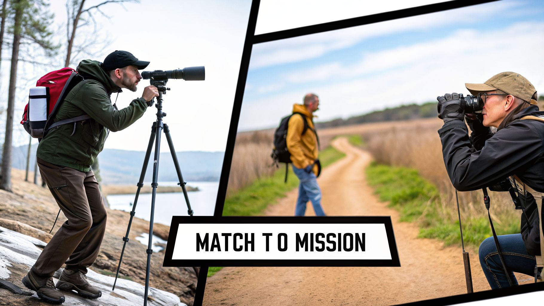 Two outdoor enthusiasts use a spotting scope and binoculars for nature observation in different settings.
