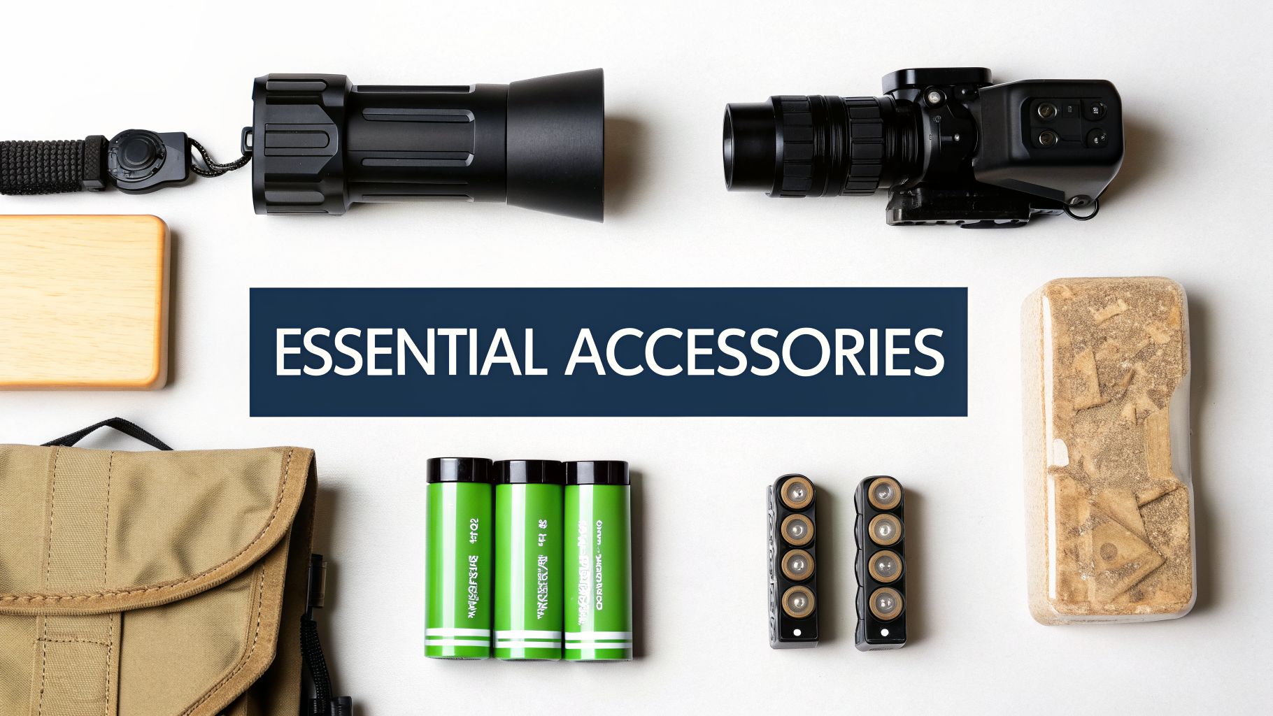 A flat lay of essential accessories including a flashlight, night vision scope, batteries, and a pouch.