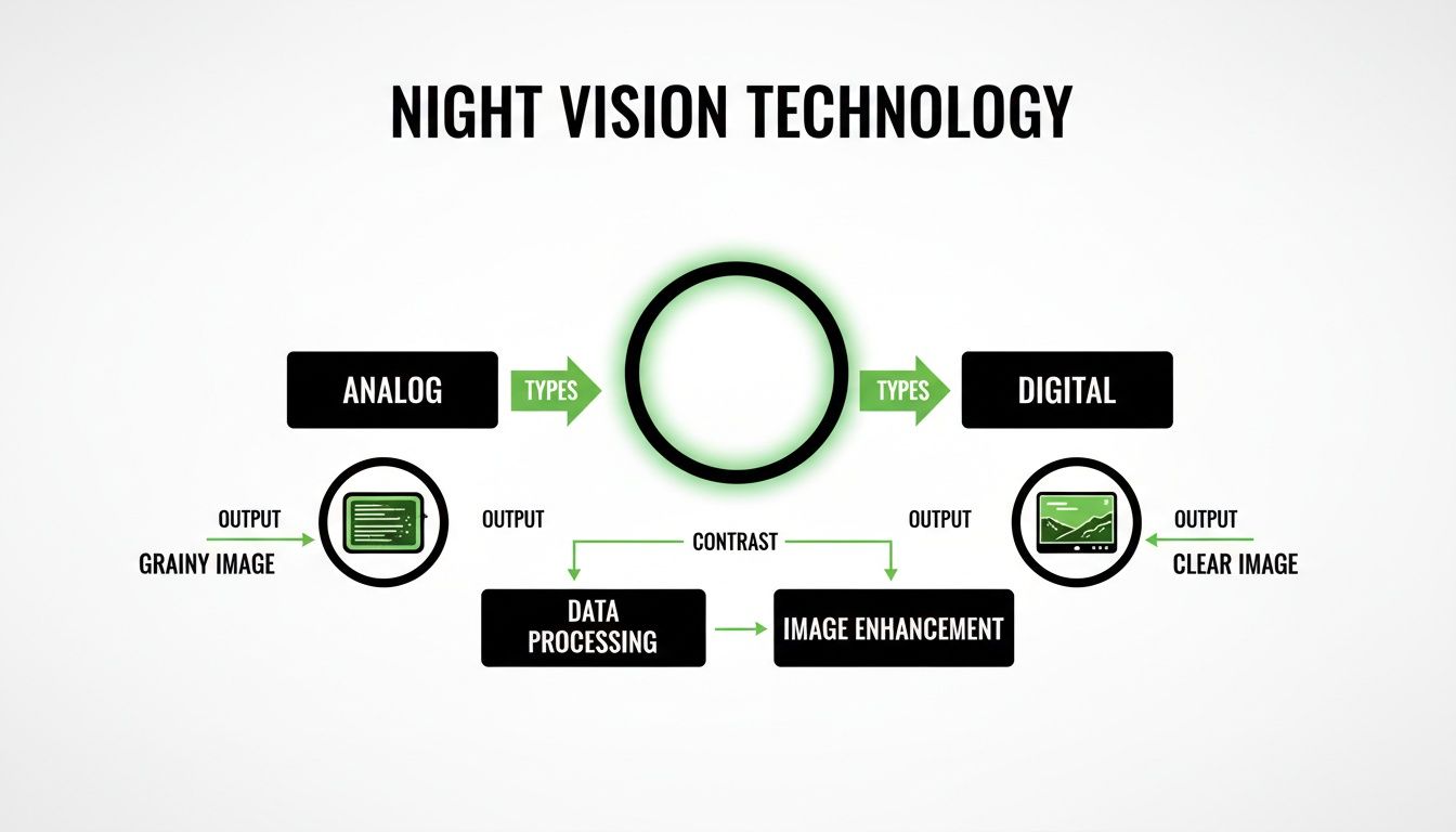 A diagram explaining night vision technology, contrasting analog with grainy images and digital with clear images.