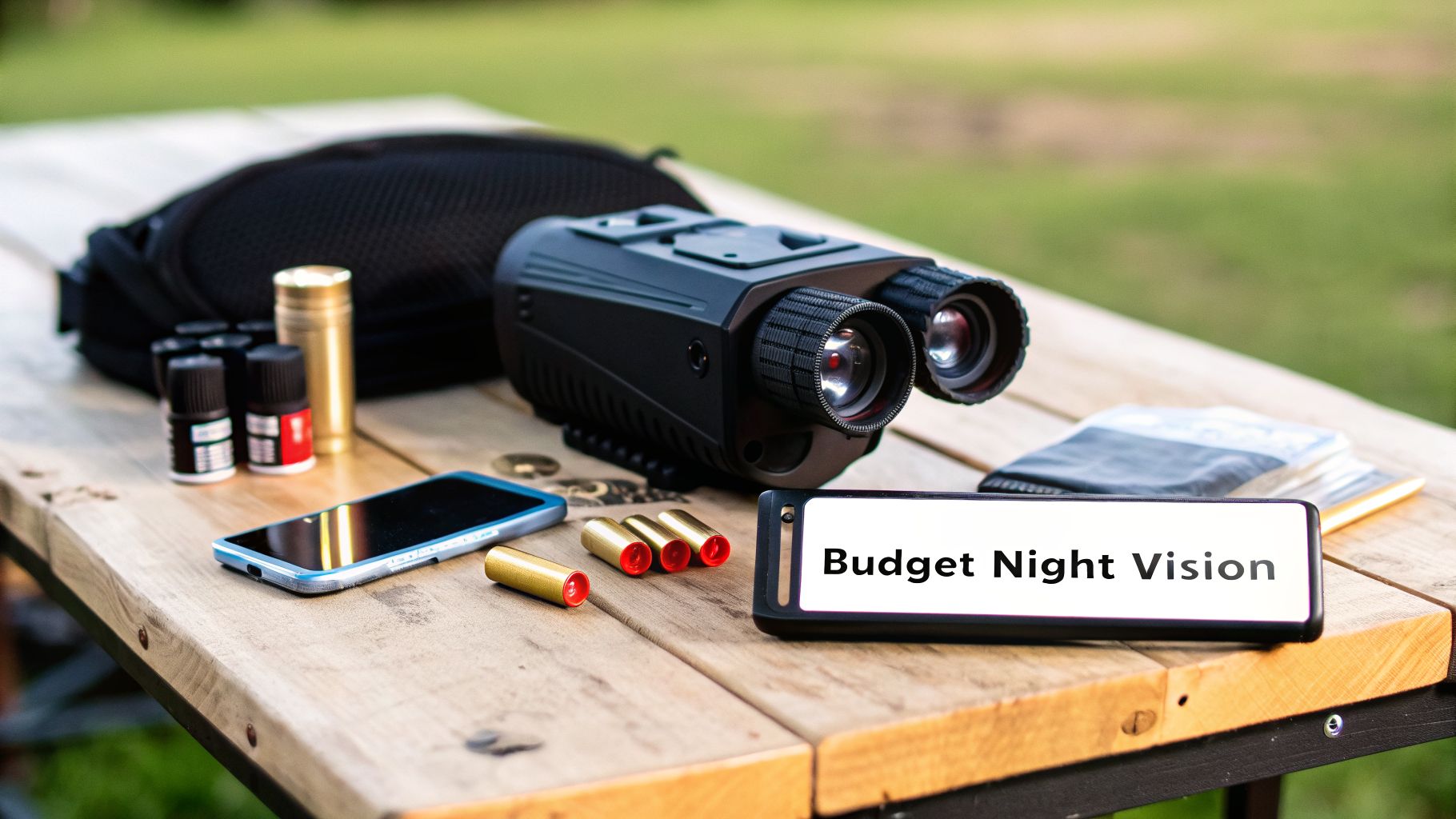 A black budget night vision scope, smartphone, batteries, and essential oils on a wooden table outdoors.