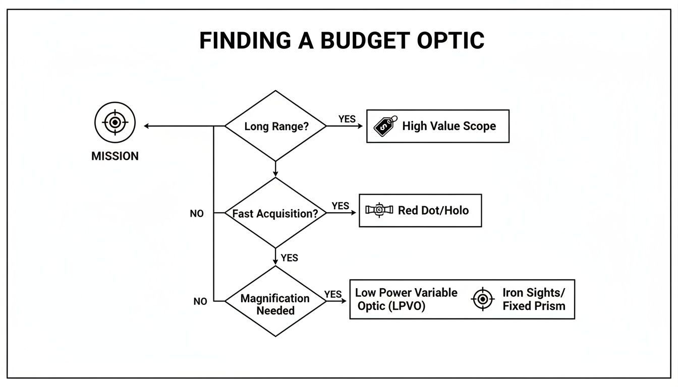 Flowchart titled 'Finding a Budget Optic', outlining decisions for optic selection based on range, acquisition, and magnification.