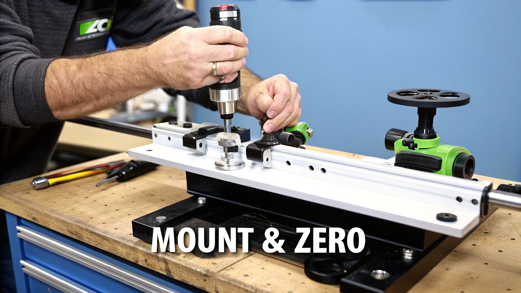 Close-up of hands mounting and zeroing a tool on a precision workbench setup.