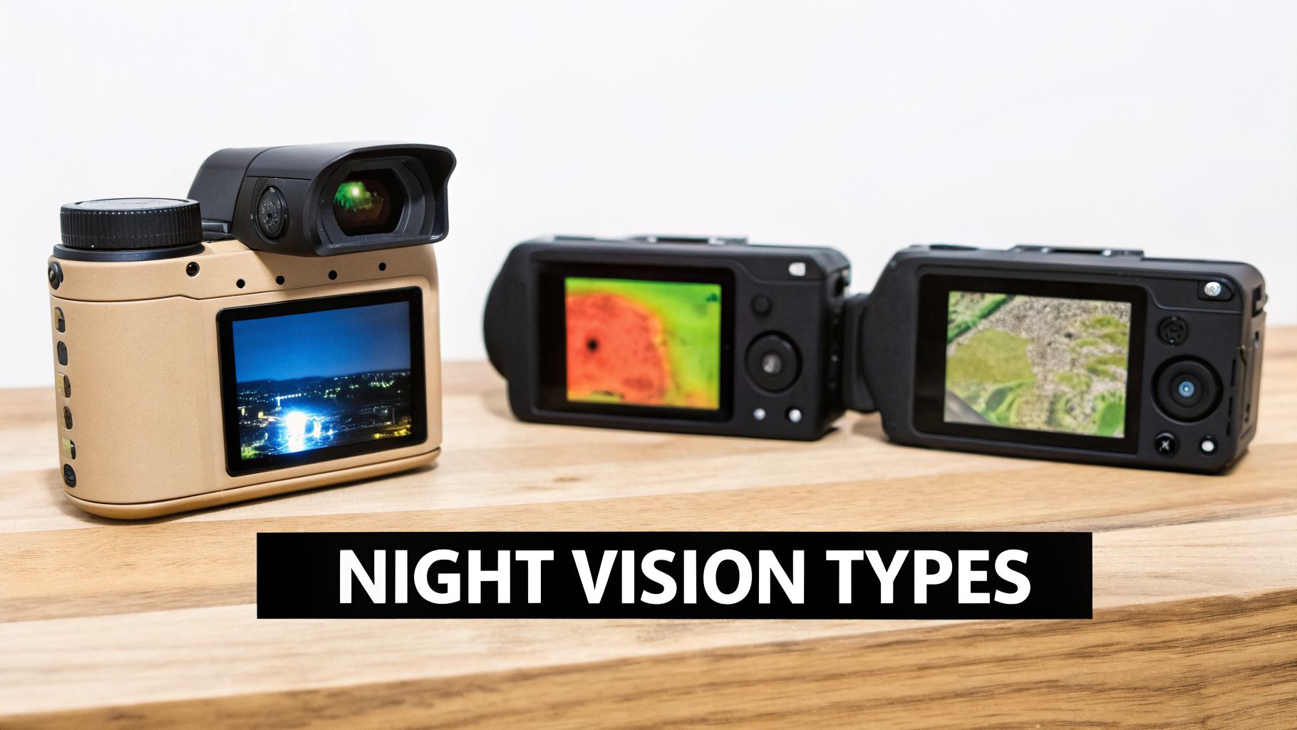 Three night vision cameras on a wooden table displaying different imaging technologies.