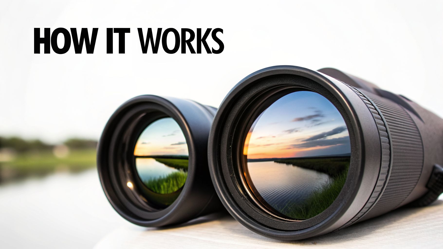 A pair of binoculars reflecting a beautiful sunset over a calm river and green marshland, with 'HOW IT WORKS' text above.