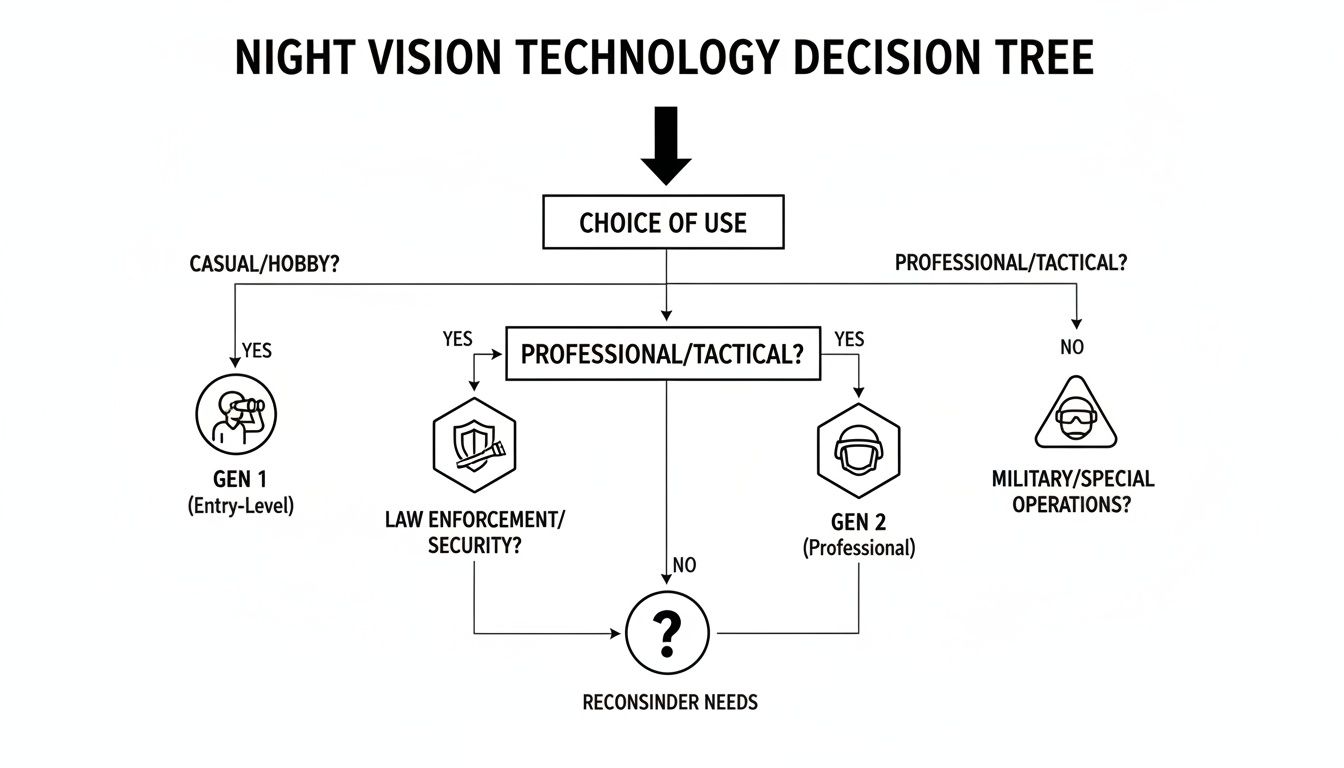 Flowchart showing a night vision technology decision tree based on use cases like casual, professional, and military.
