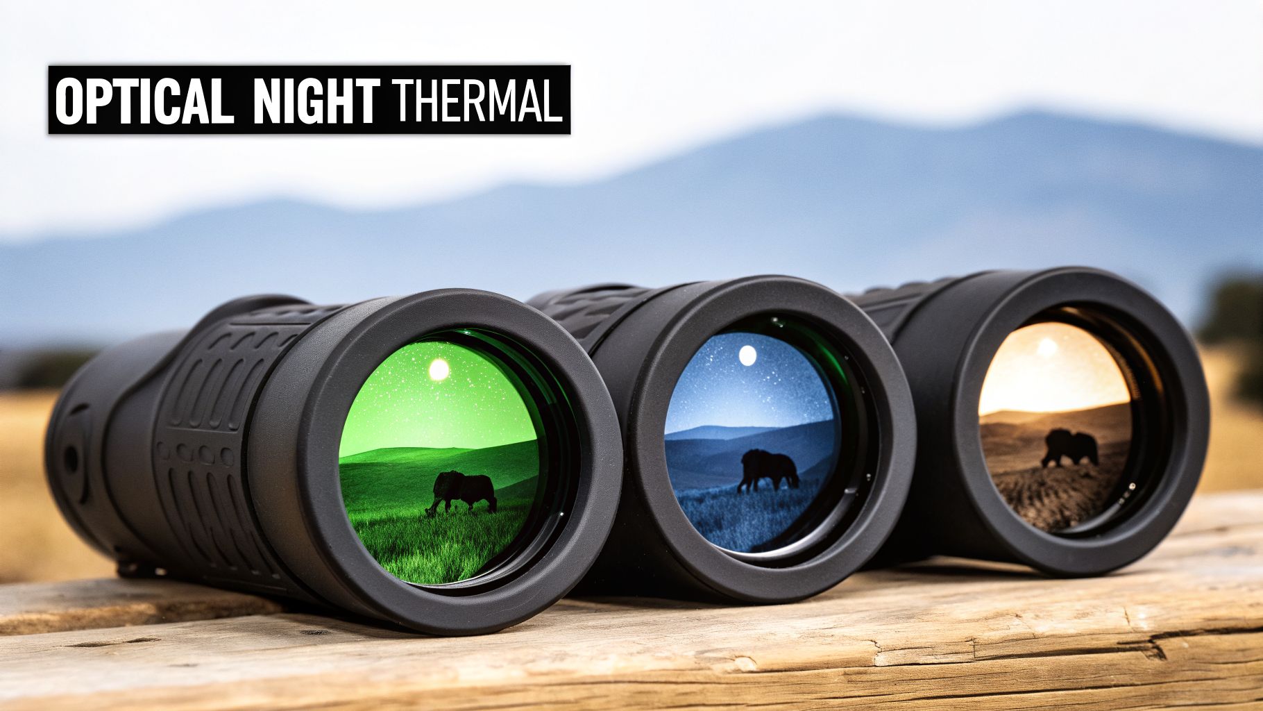 Three monoculars display green night vision, blue night vision, and thermal views of an animal.