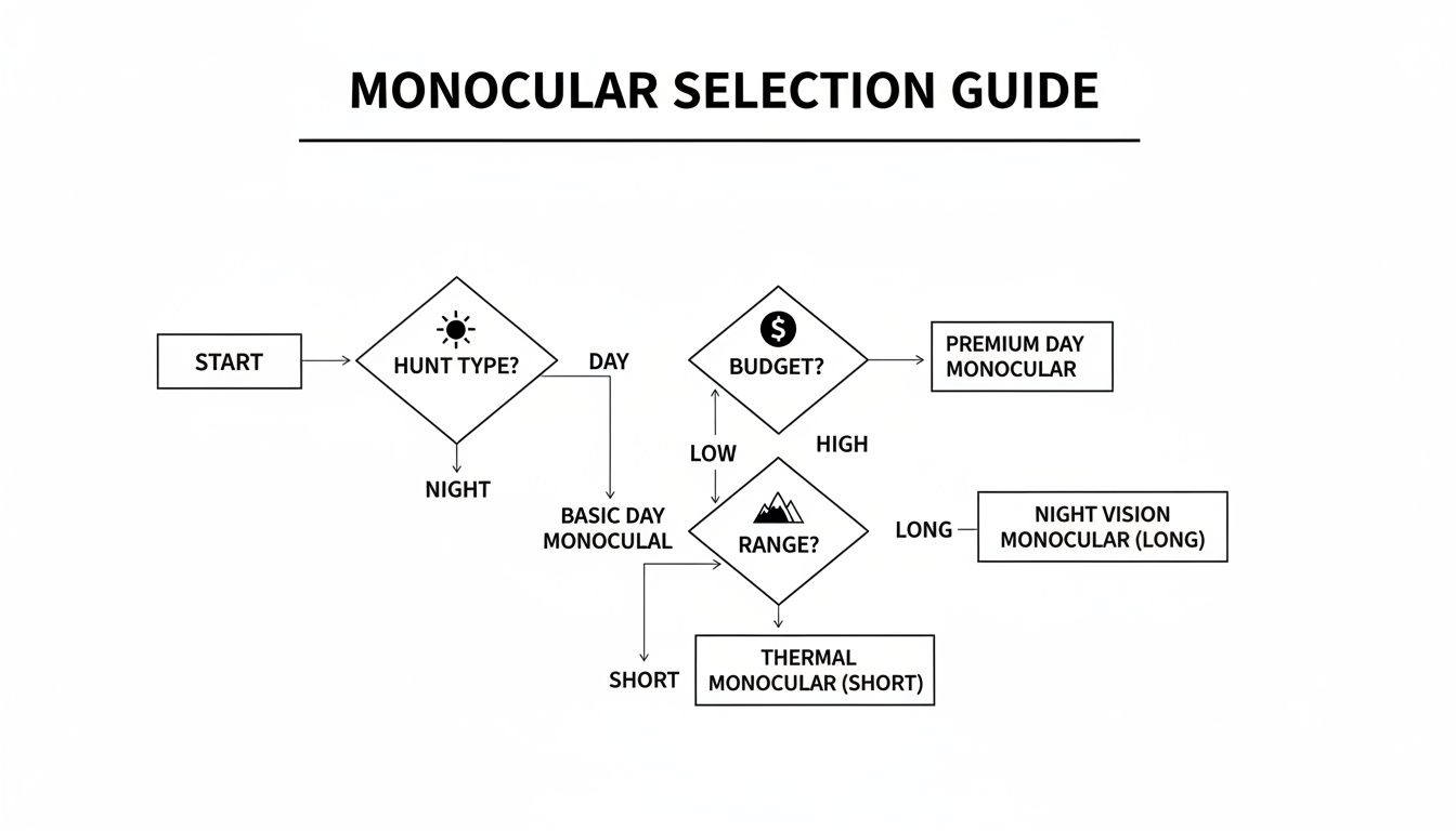 Flowchart guiding monocular selection based on hunt type, budget, and range, leading to specific monocular types.