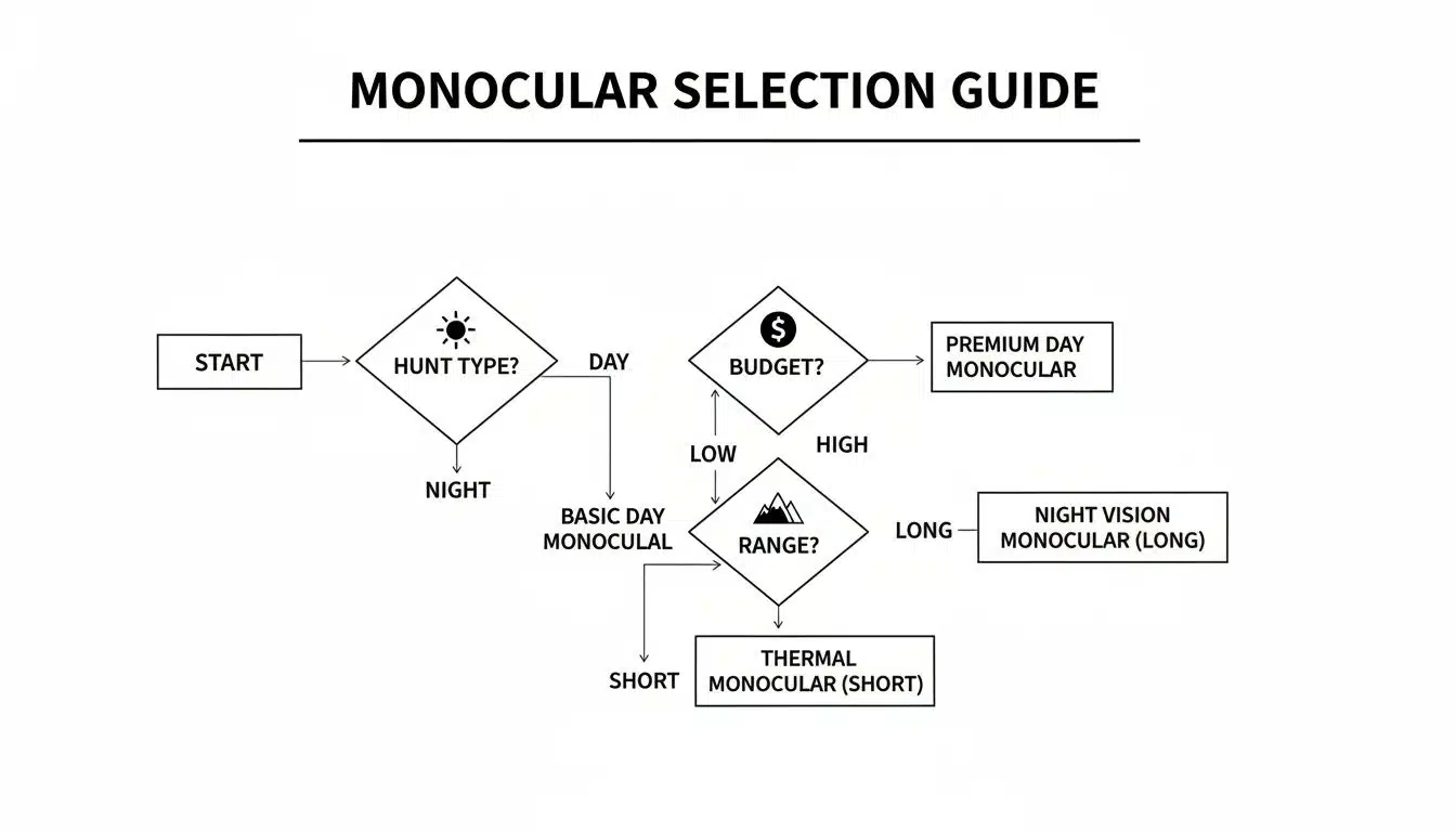 Flowchart guiding monocular selection based on hunt type, budget, and range, leading to specific monocular types.