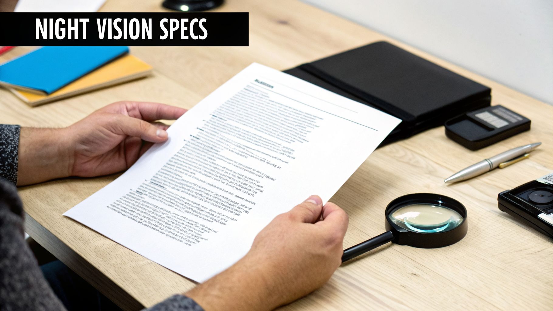 A person reviews a document with a magnifying glass, pen, and notebooks on a wooden desk.