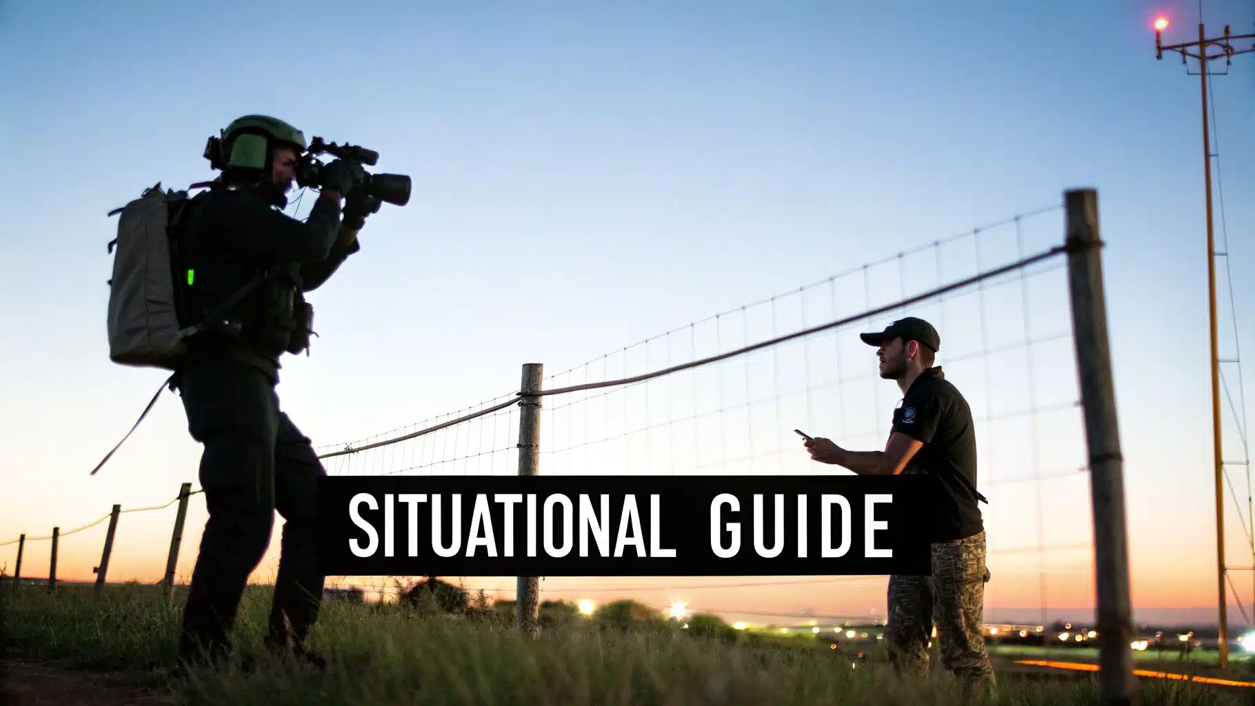 Two men in tactical gear, one filming with a camera, the other with a phone, during a field operation at dusk.