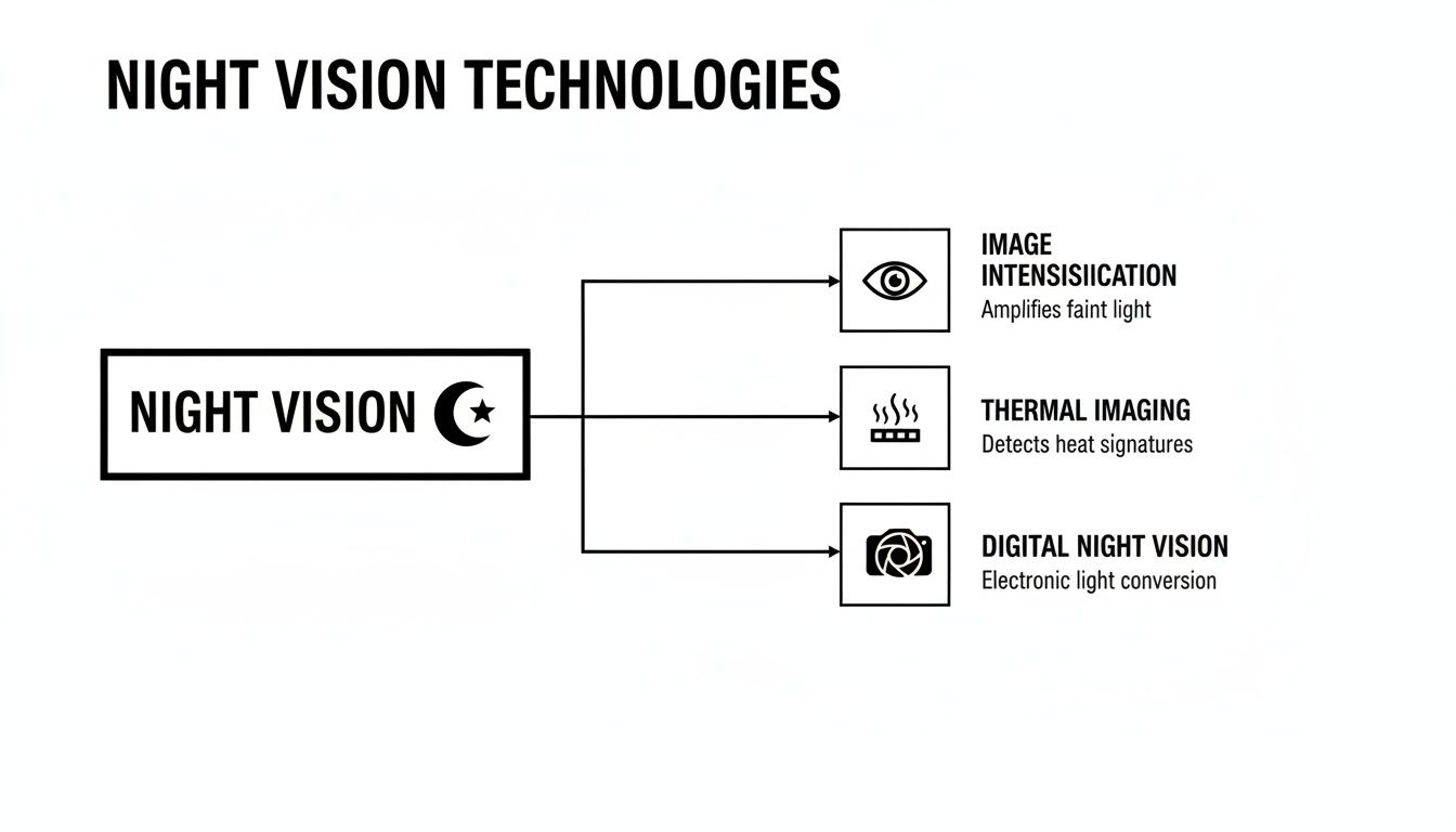 A diagram illustrating three night vision technologies: image intensification, thermal, and digital night vision.
