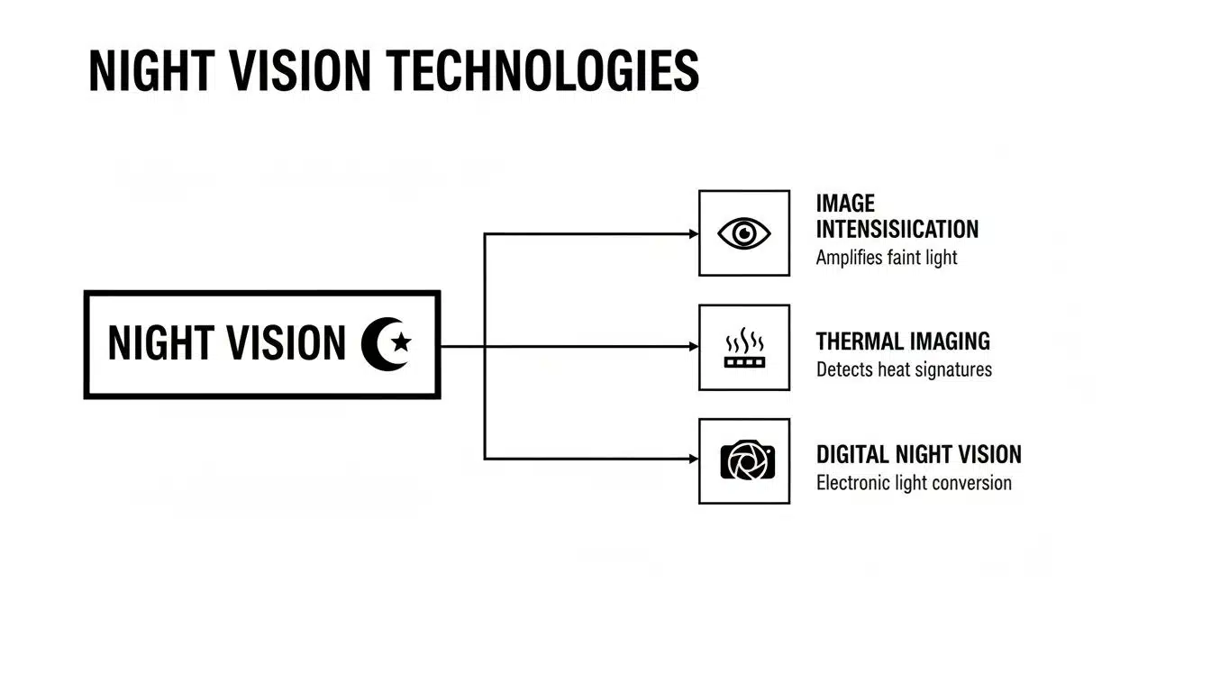 A diagram illustrating three night vision technologies: image intensification, thermal, and digital night vision.