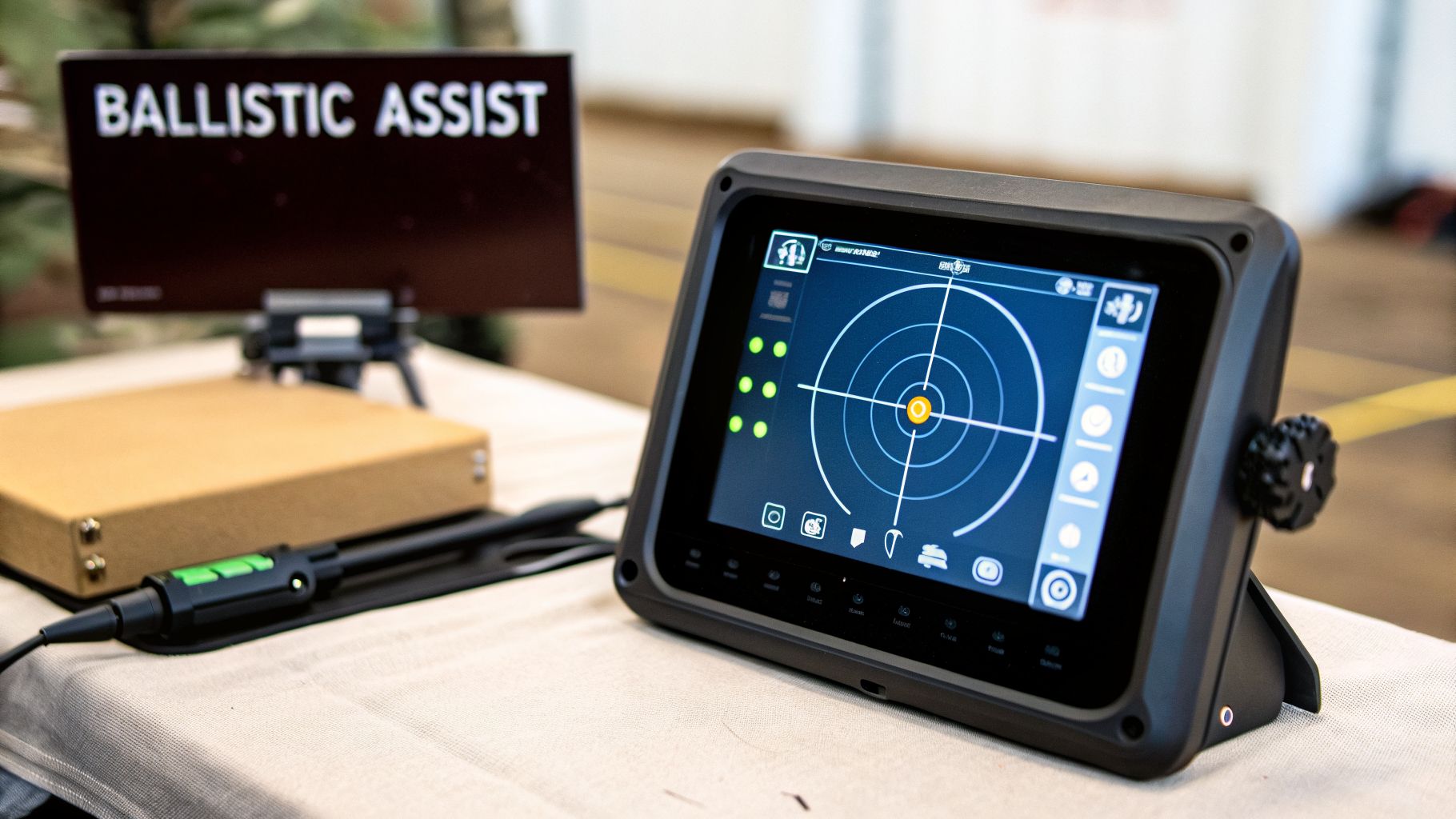 A ballistic assist digital display unit showing a target reticle, with a 'BALLISTIC ASSIST' sign nearby.