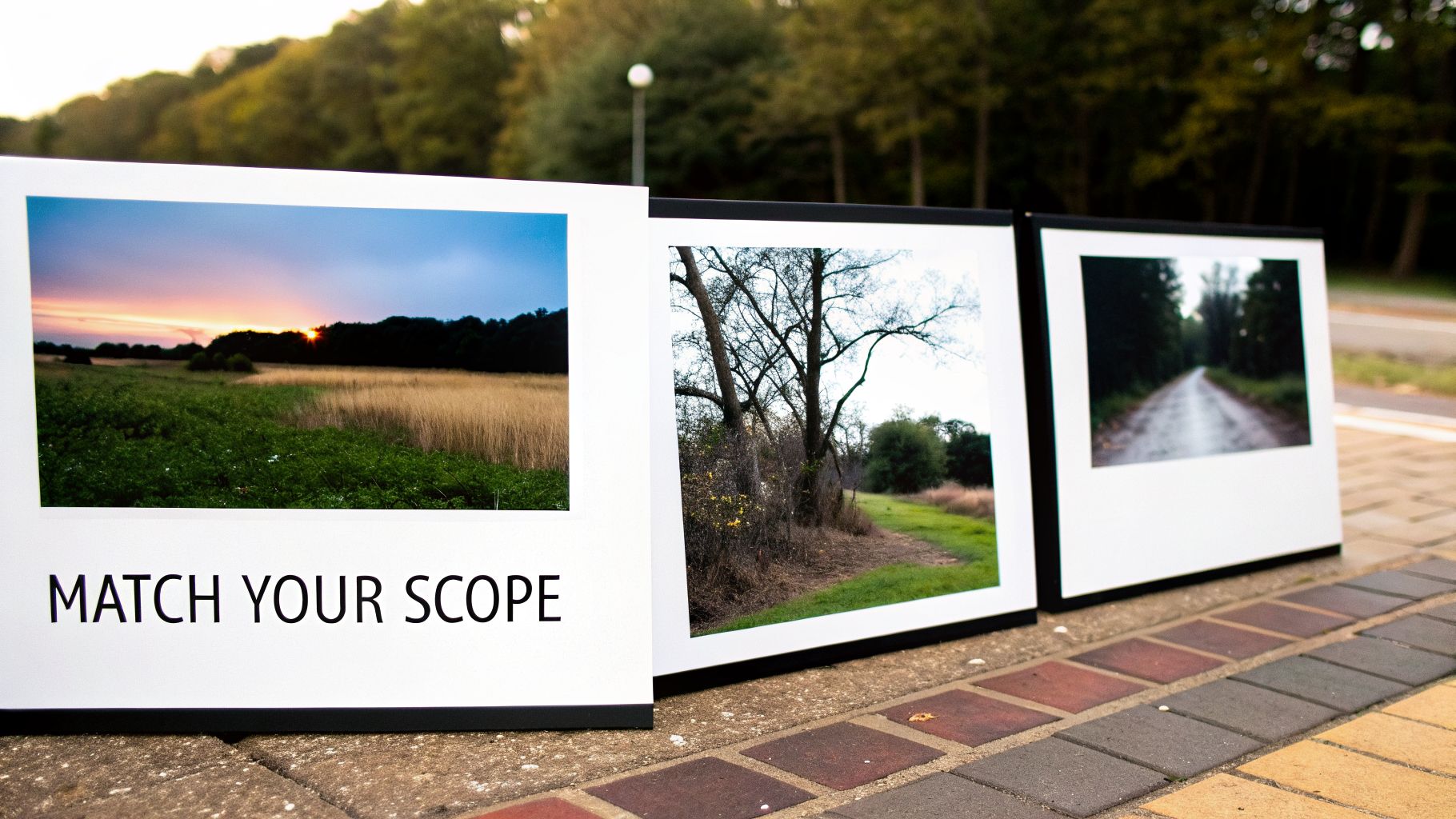 Three framed outdoor landscape photos displayed on a brick path, with 'MATCH YOUR SCOPE' text.