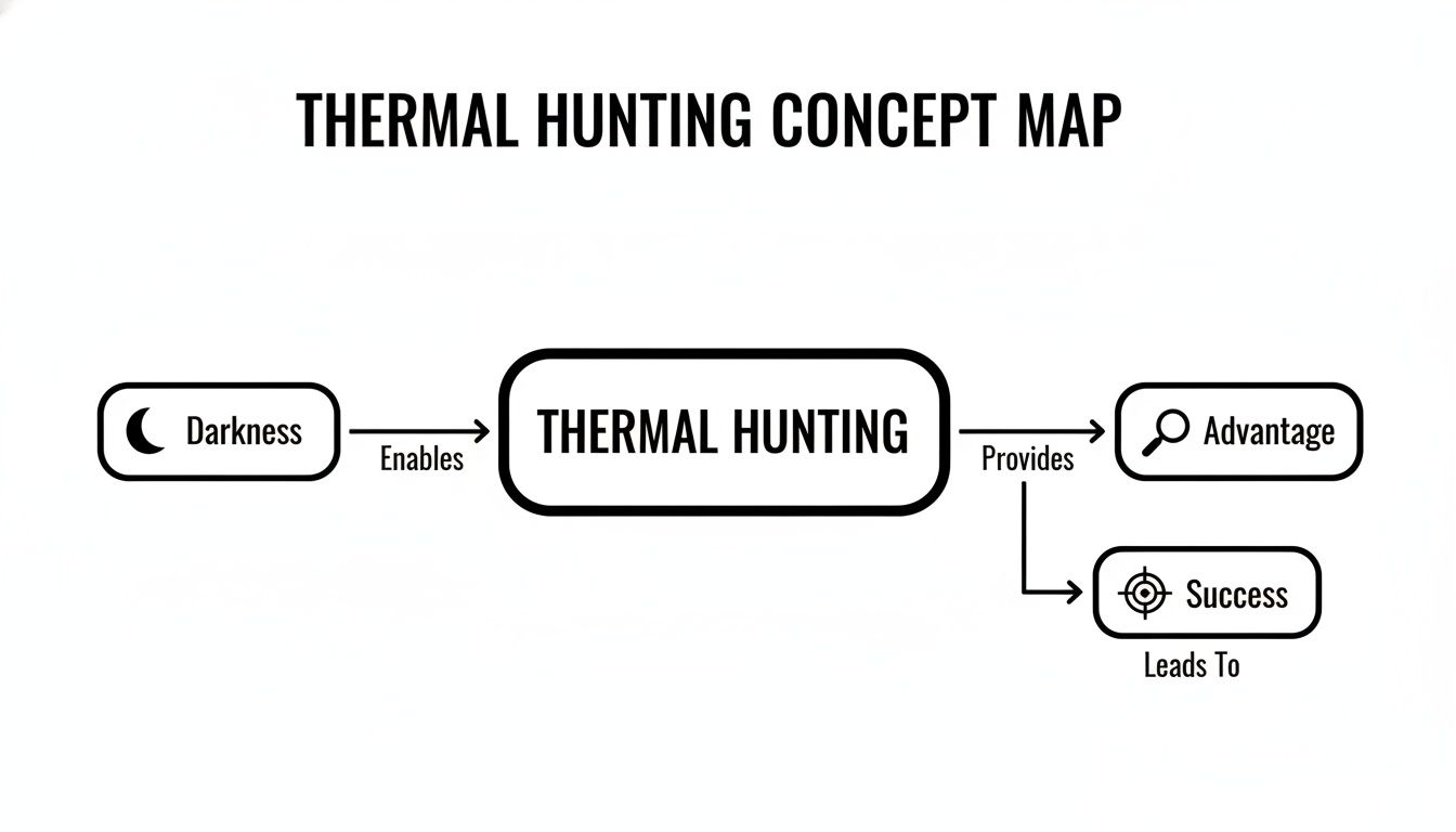Concept map illustrating how darkness enables thermal hunting, providing advantage and leading to success.