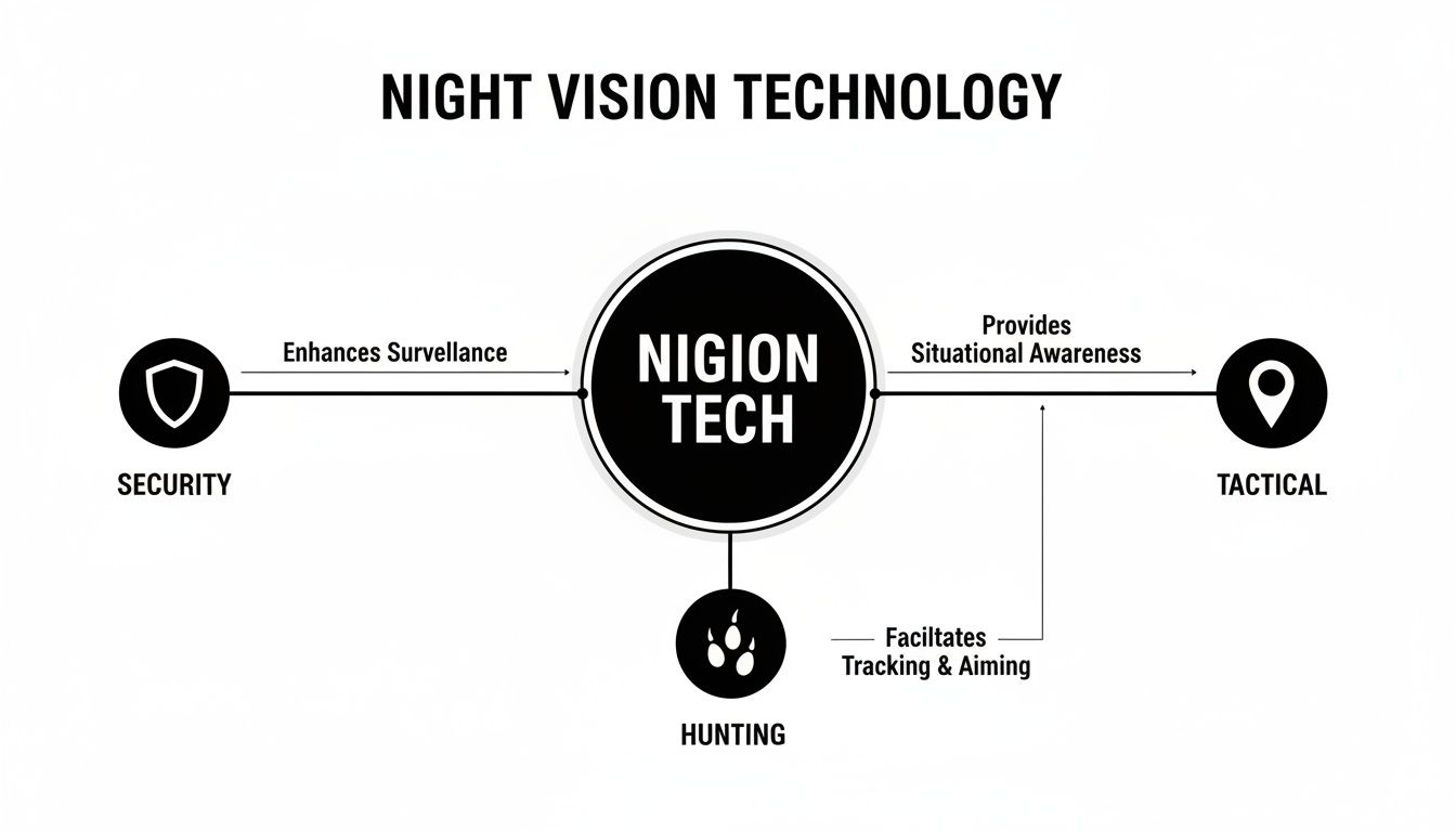 Diagram illustrating night vision technology applications in security, tactical operations, and hunting.
