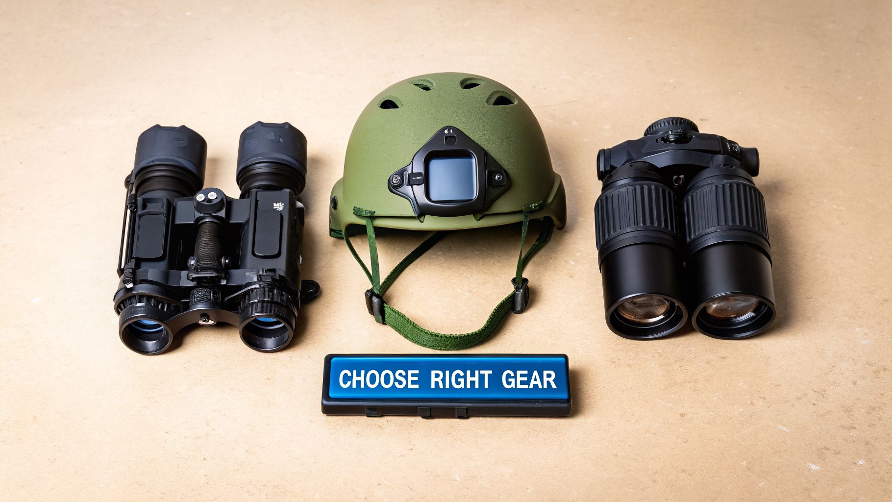 Tactical gear on a brown surface, including two pairs of binoculars, a helmet, and a 'Choose Right Gear' sign.