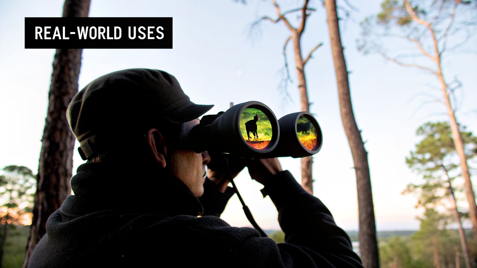 Man with binoculars, displaying infrared view of a deer against colorful background, in a forest.