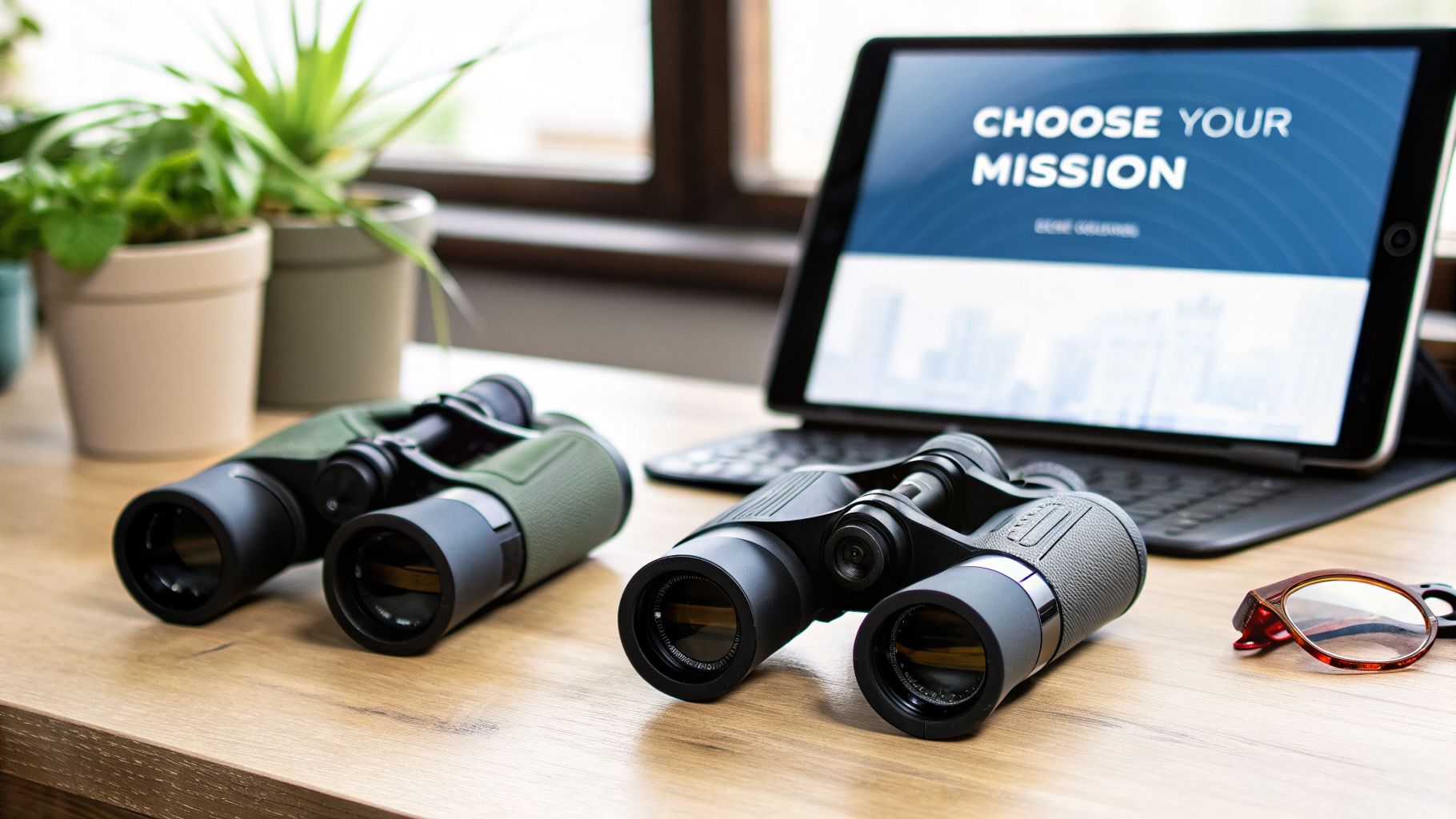 Two pairs of binoculars on a wooden desk with a tablet displaying 'Choose Your Mission' and plants.