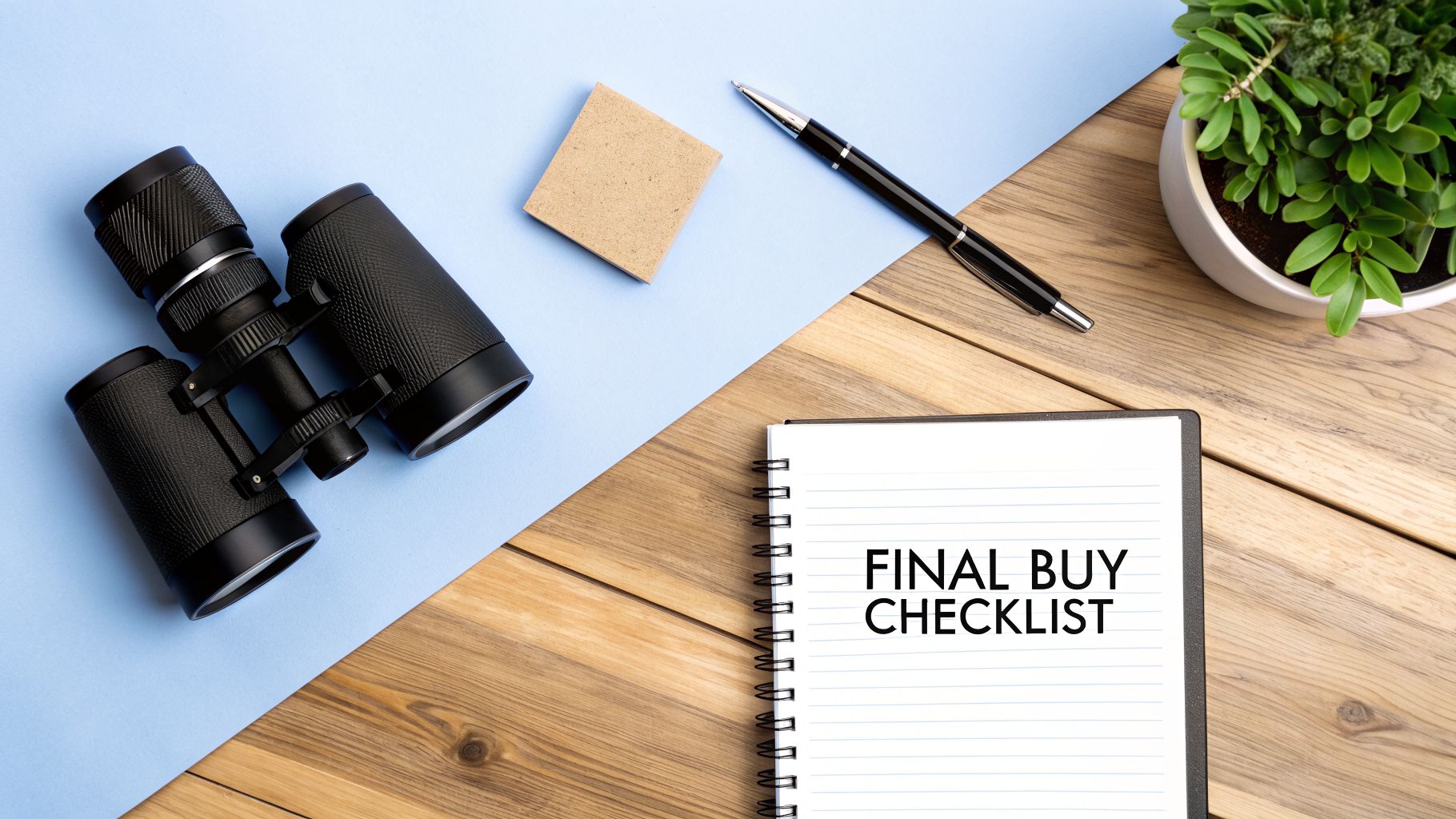 Overhead shot of binoculars, a pen, a plant, and a notebook with 'FINAL BUY CHECKLIST' on a blue and wood desk.