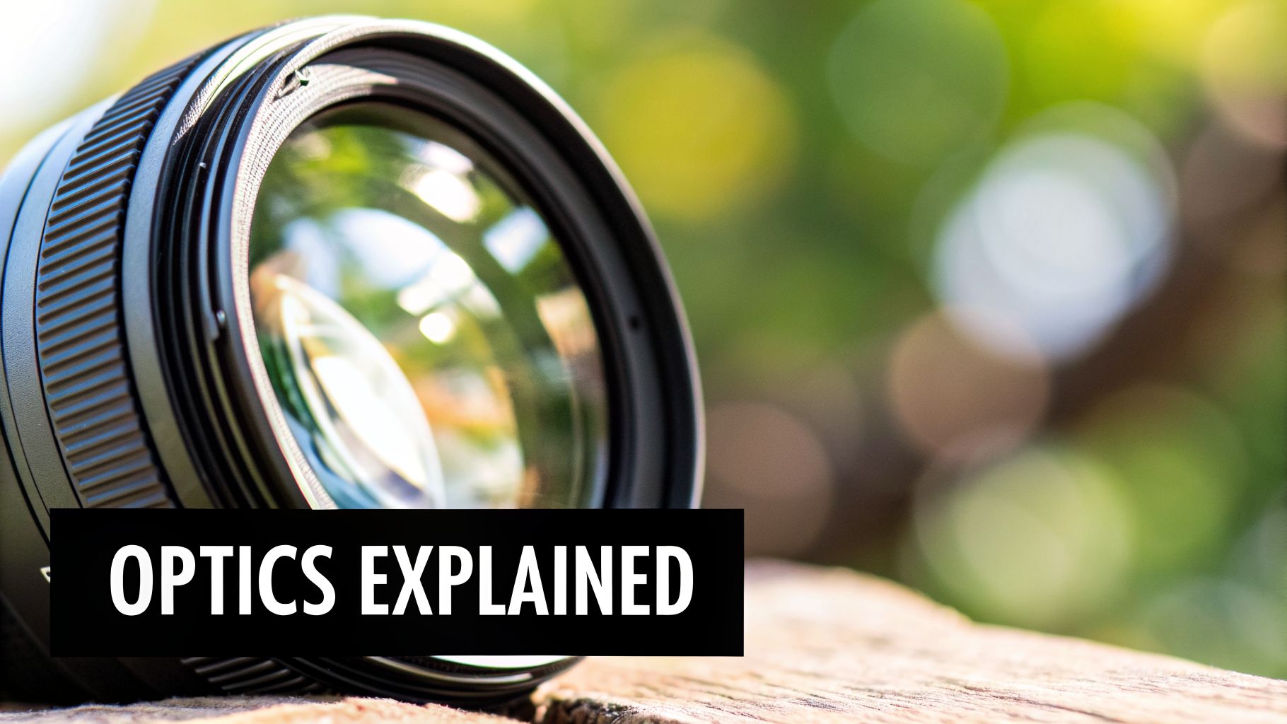 A close-up view of a camera lens on a wooden surface with a green bokeh background, featuring the text 'OPTICS EXPLAINED'.