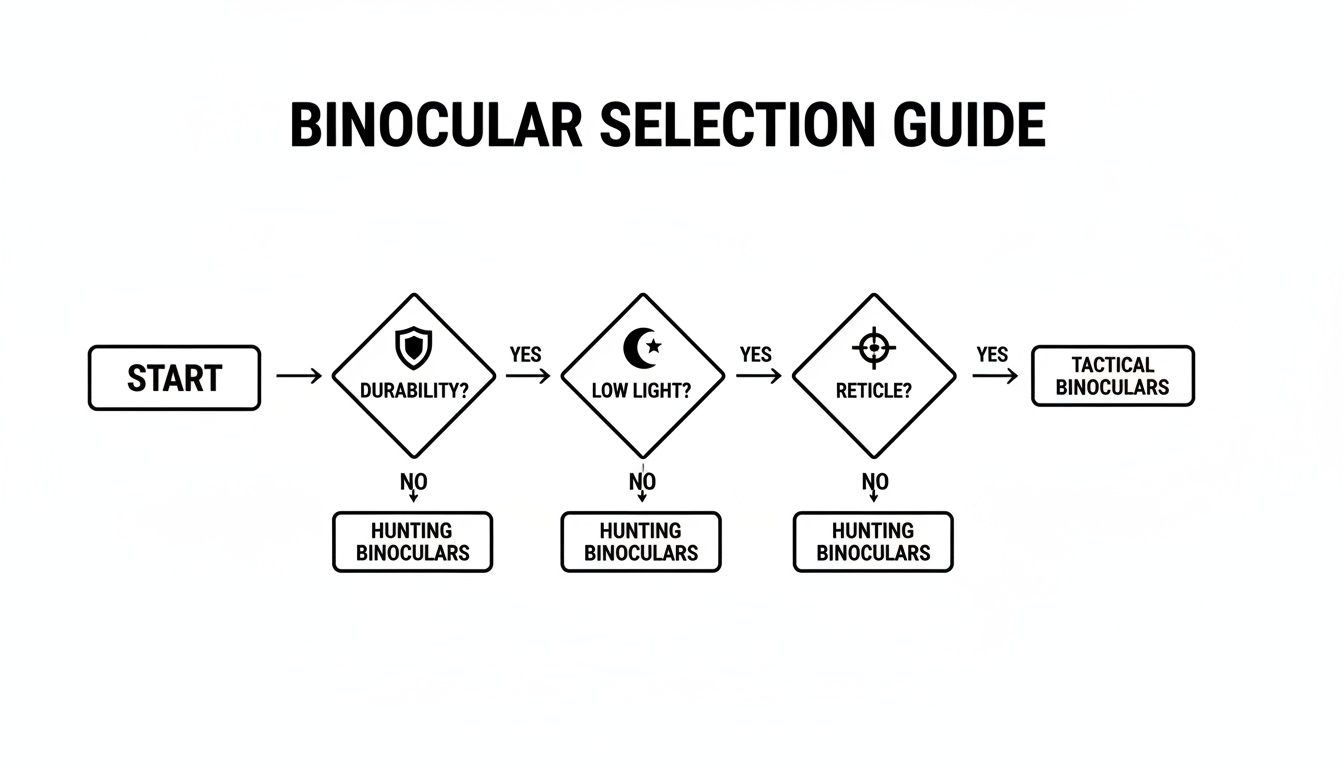 Flowchart guiding binocular selection based on durability, low light, and reticle for hunting or tactical use.