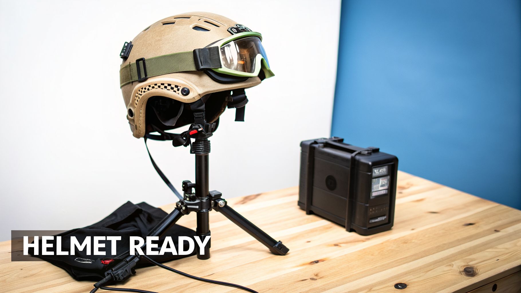A tan tactical helmet with tactical goggles mounted on a tripod stand, next to a black rugged case on a wooden table.