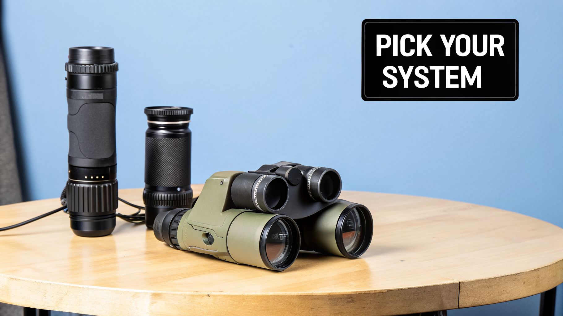 Various optical devices, including long lenses and binoculars, on a wooden table with a 'PICK YOUR SYSTEM' sign.