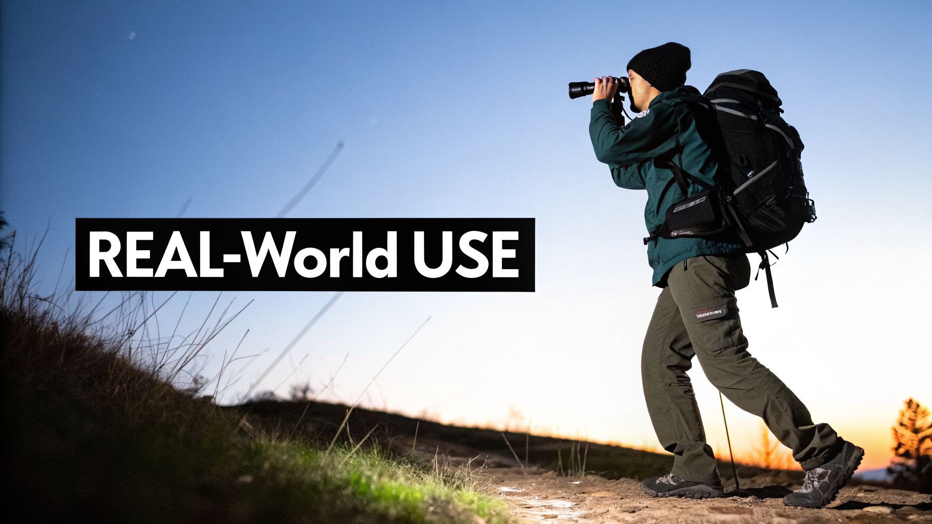 A person with a backpack and beanie looks through binoculars outdoors at twilight, demonstrating real-world use.