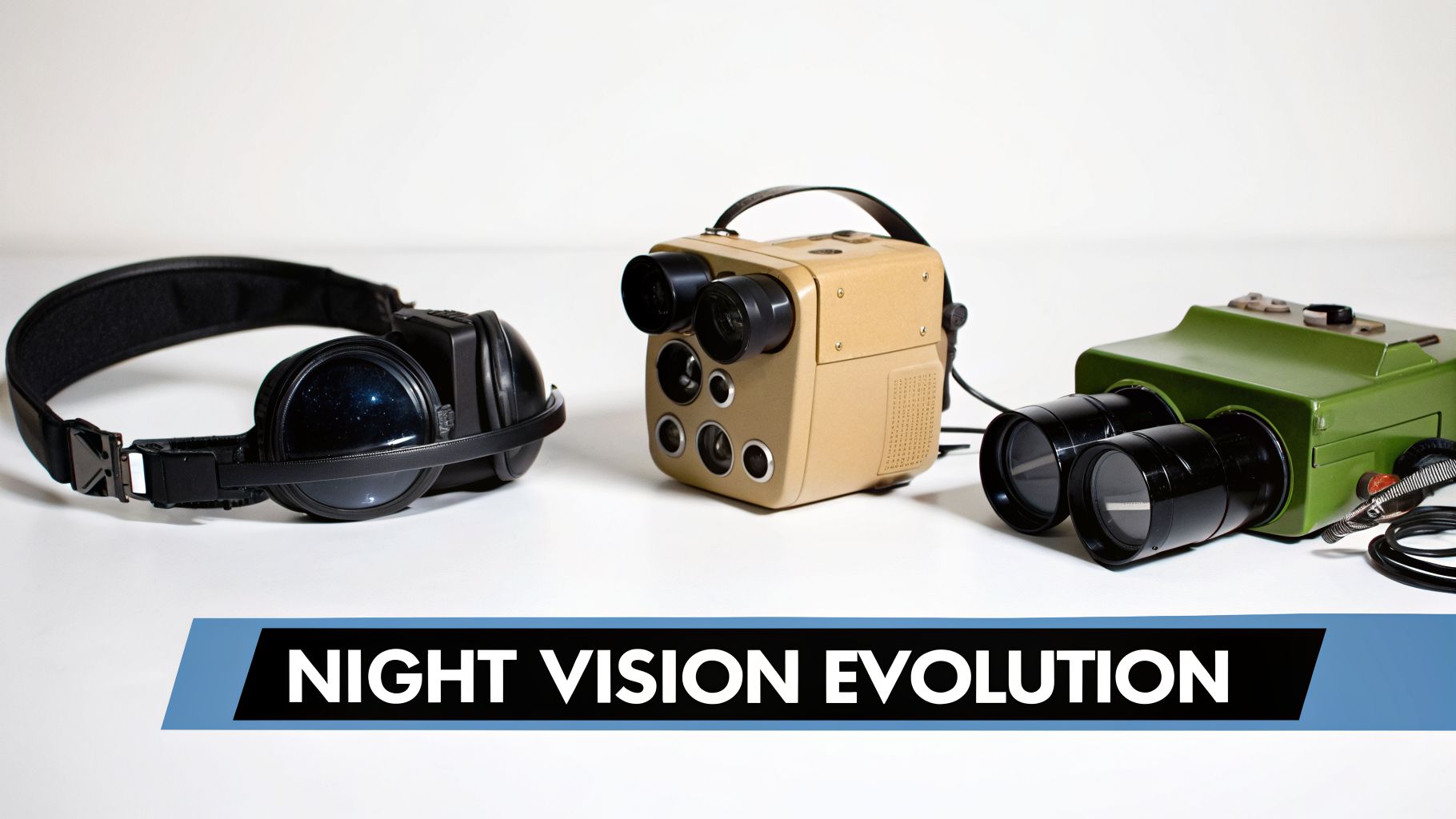 A retro night vision headset, a tan monocular, and a green binocular on a white background, demonstrating night vision evolution.