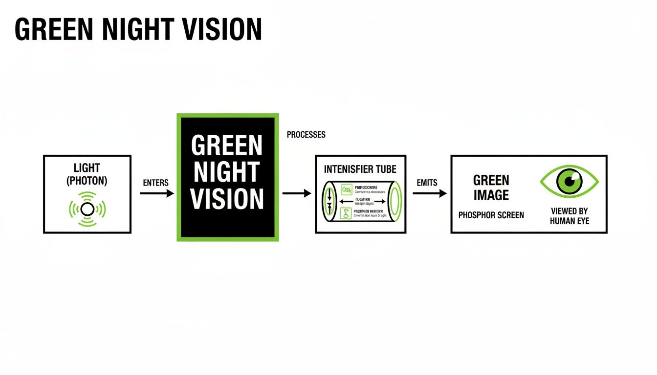 Diagram illustrating the step-by-step process of green night vision technology, from light to a visible green image.