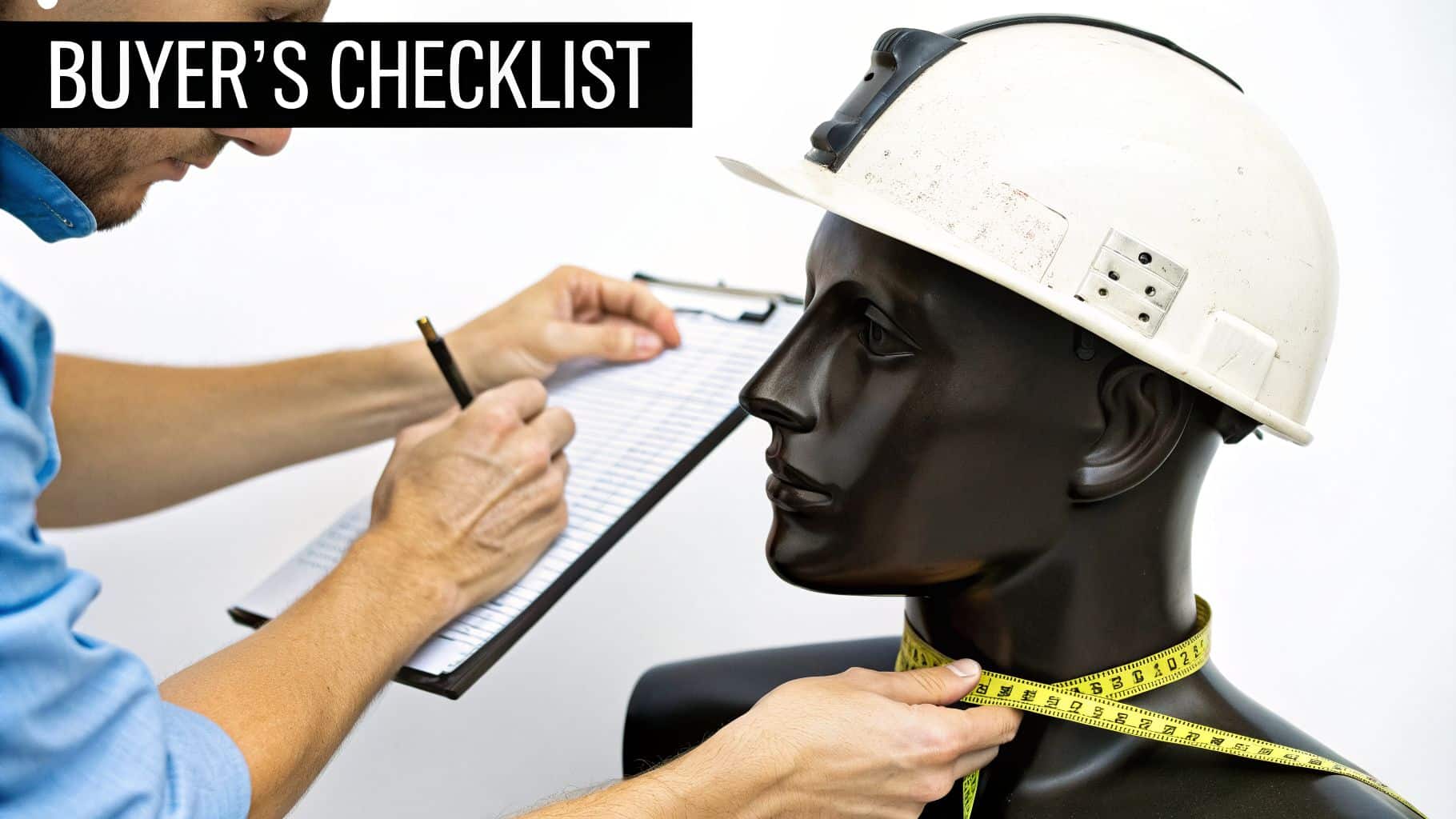 A person checks a 'Buyer's Checklist' while measuring a mannequin wearing a white hard hat.