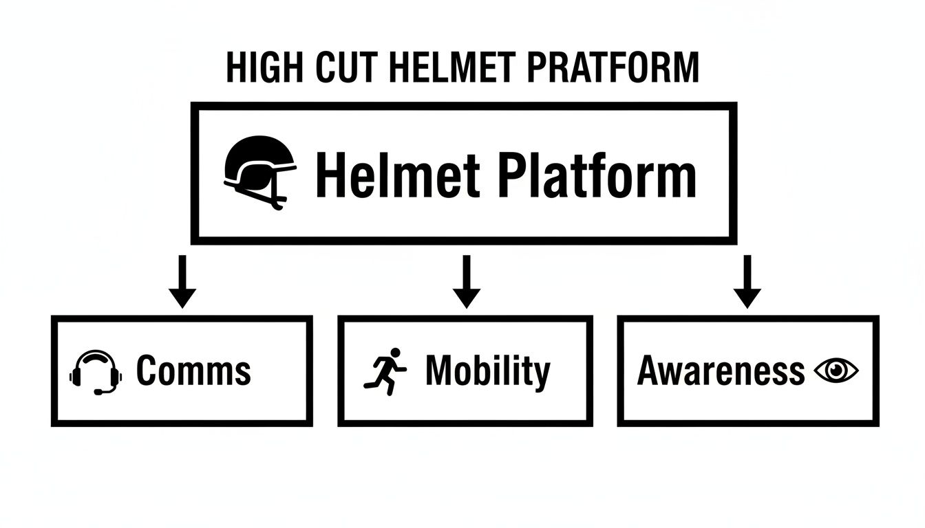 A diagram illustrating the components of a high cut helmet platform: Comms, Mobility, and Awareness.