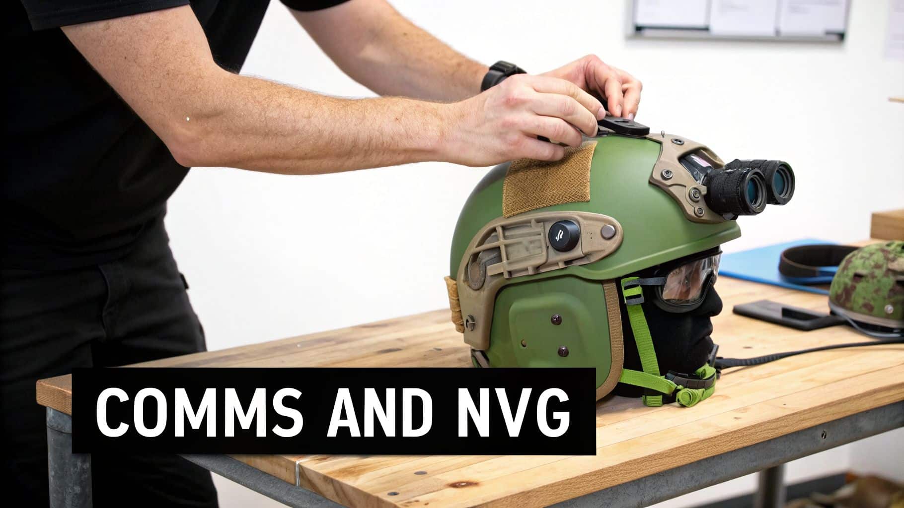 Hands adjust a green tactical helmet with night vision goggles and communication devices on a wooden table.
